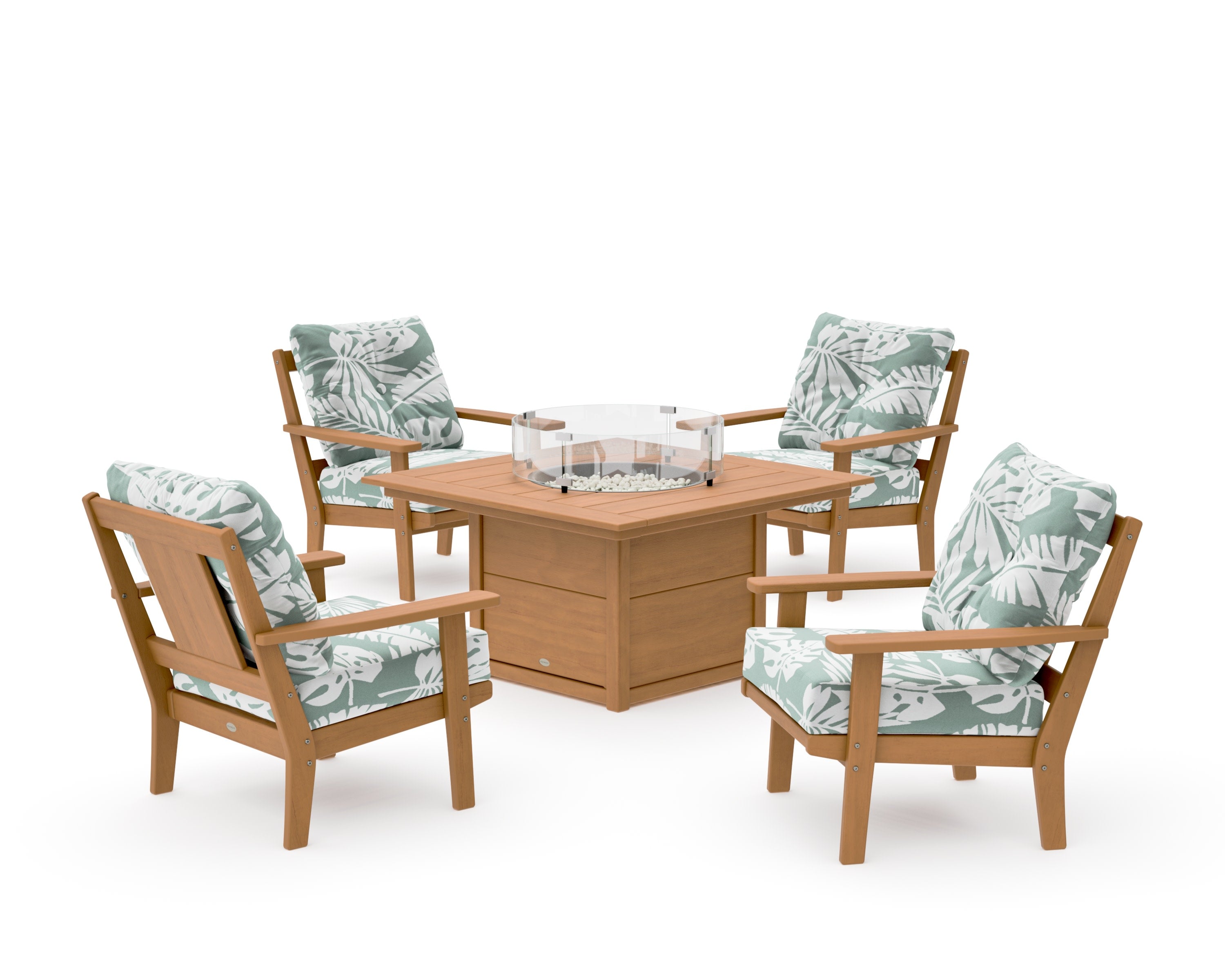 Prairie 5-Piece Deep Seating Set with Fire Pit Table in Natural / Leaf Glacier Spa