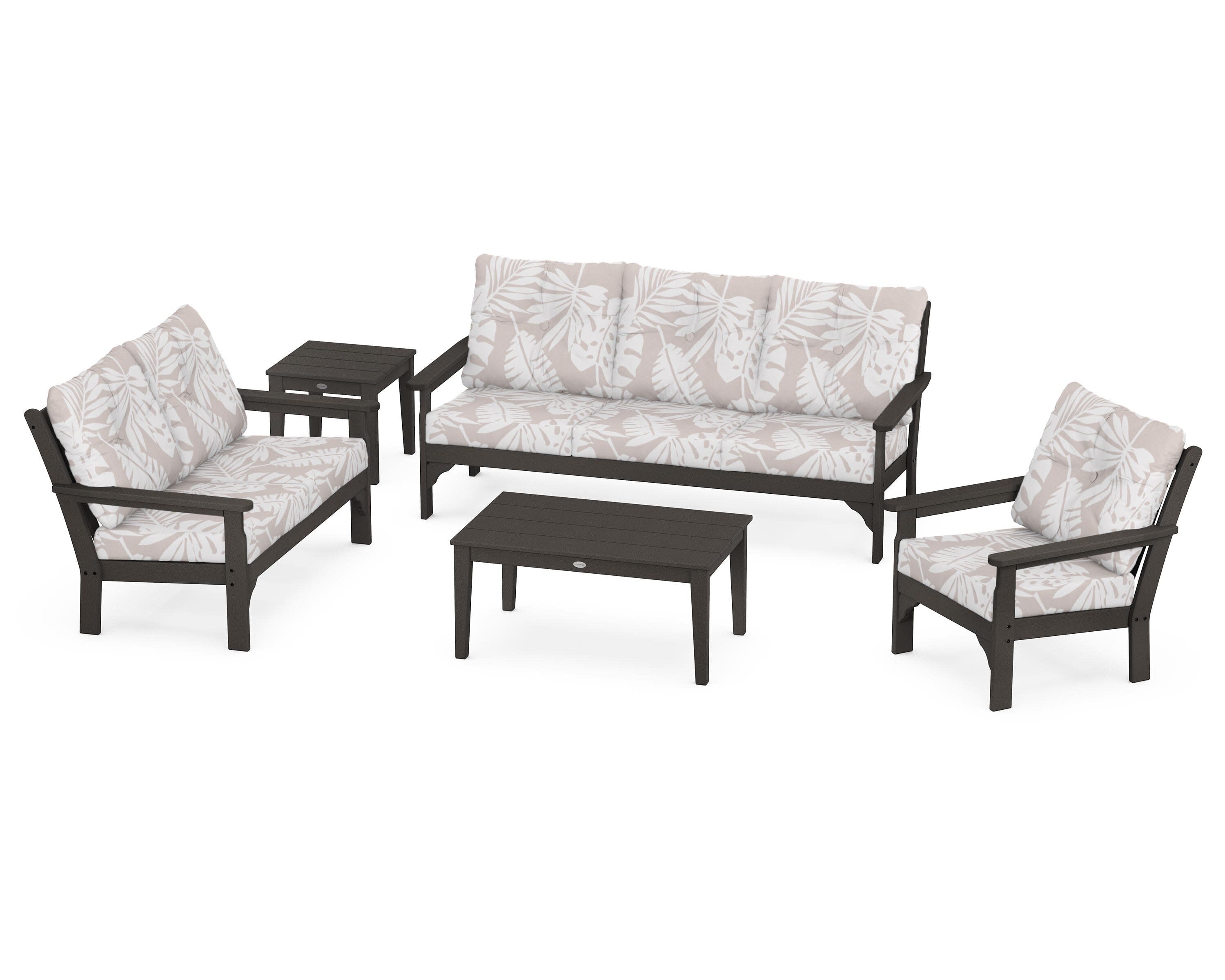 Vineyard 5 Piece Deep Seating Set in Vintage Coffee / Leaf Dune Burlap