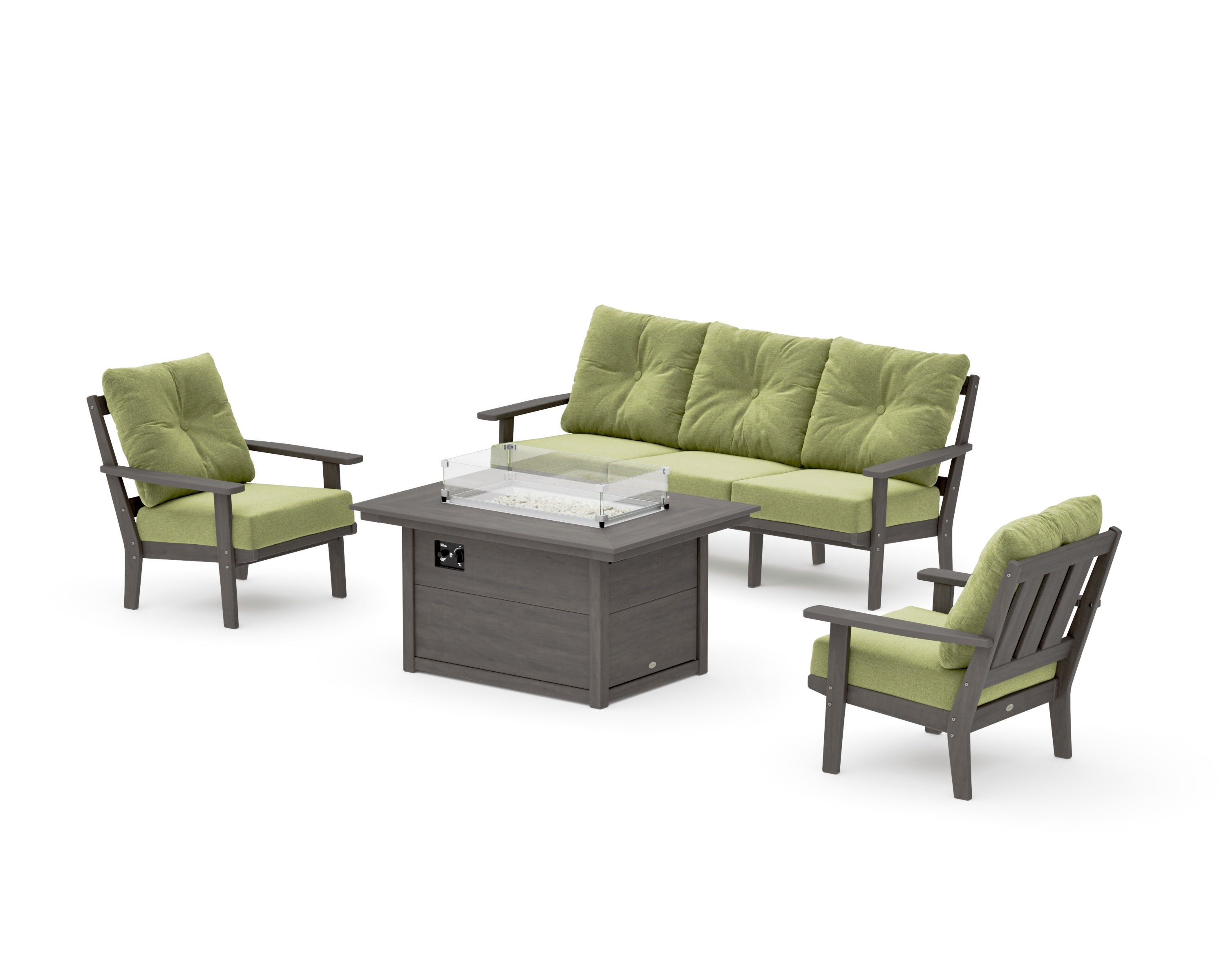 Oxford Deep Seating Fire Pit Table Set in Driftwood / Chartreuse Boucle