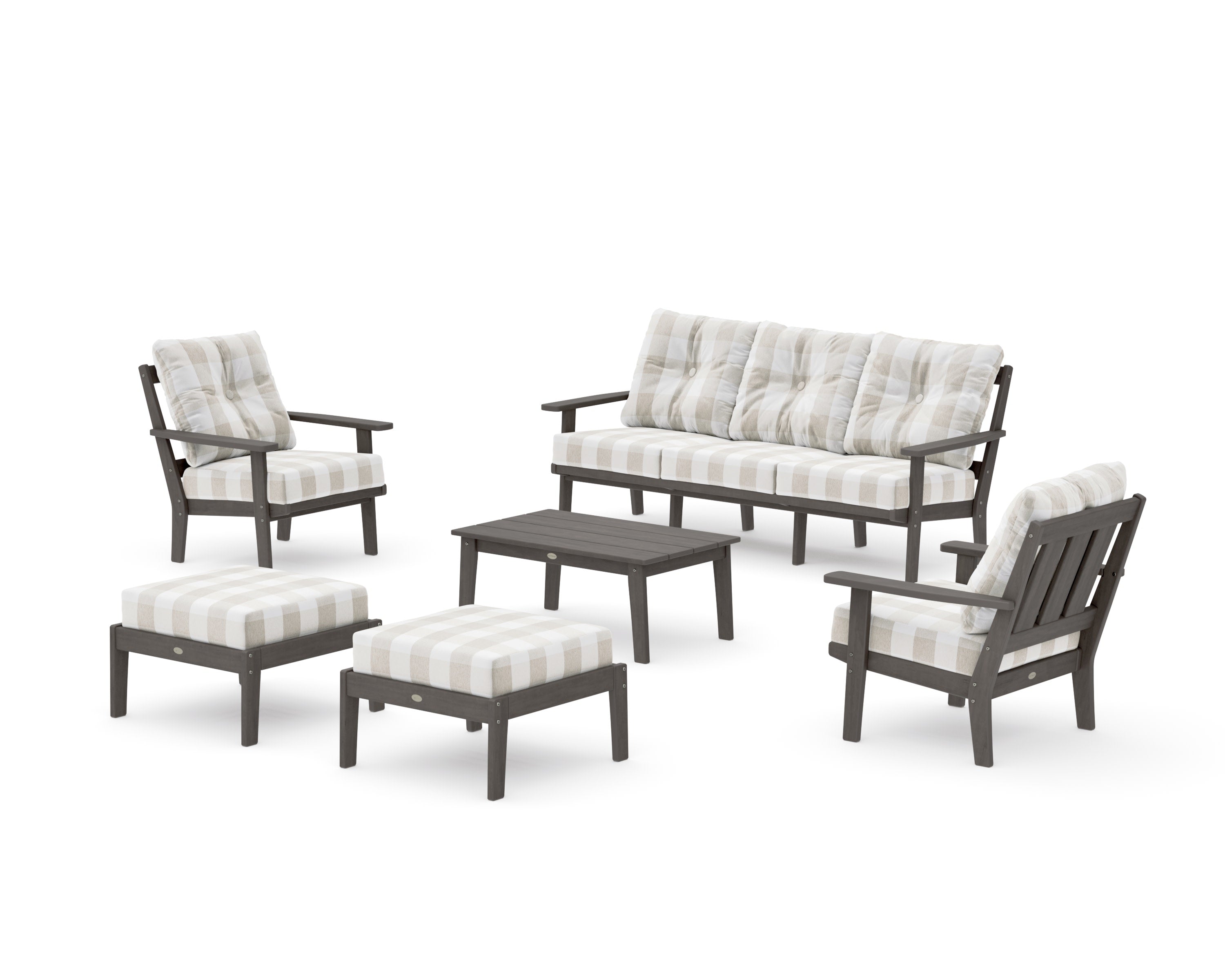 Oxford 6-Piece Lounge Sofa Set in Driftwood / Buffalo Plaid Dune Burlap