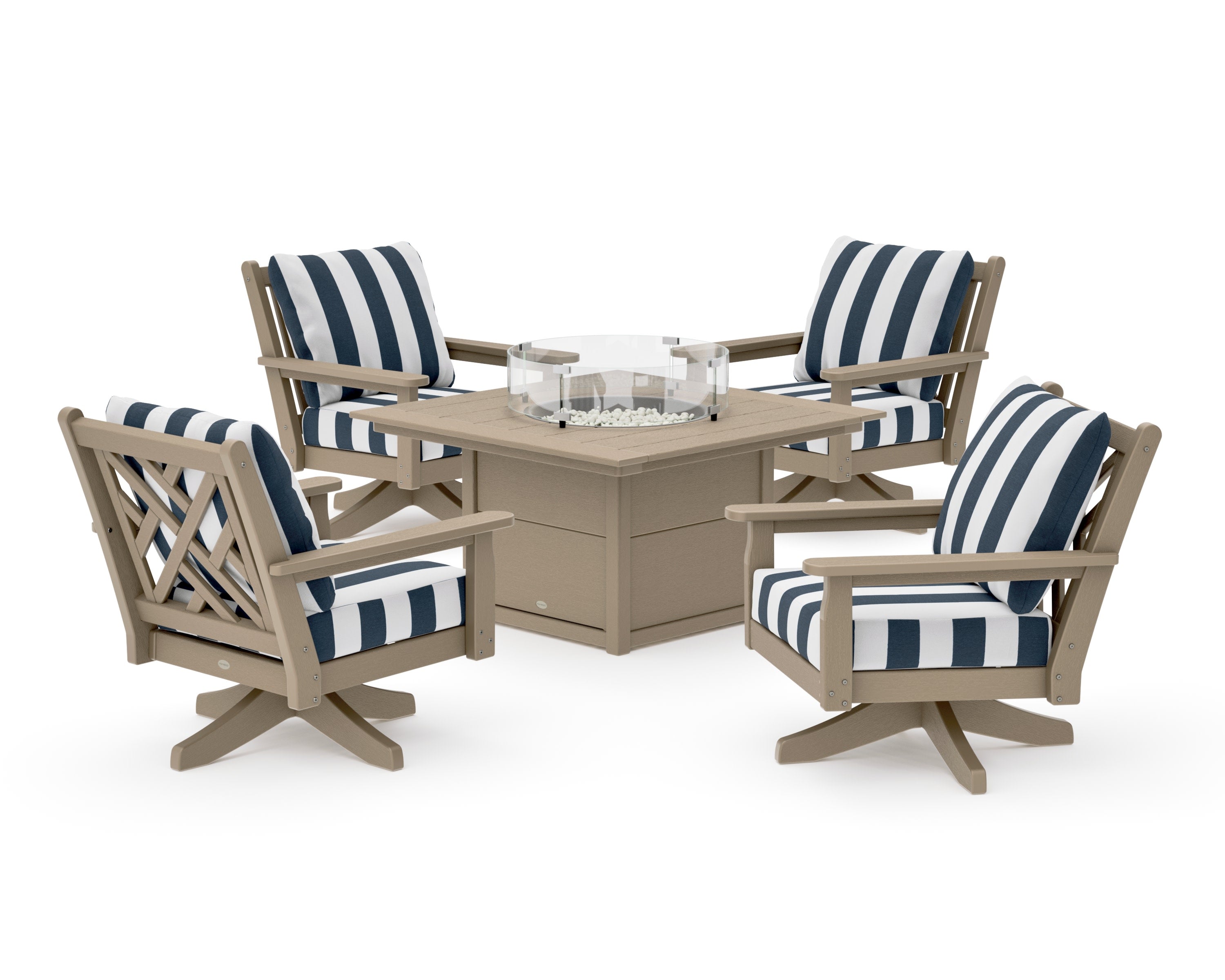 Chippendale 5-Piece Deep Seating Swivel Conversation Set with Fire Pit Table in Vintage Sahara / Cabana Stripe Marine Indigo
