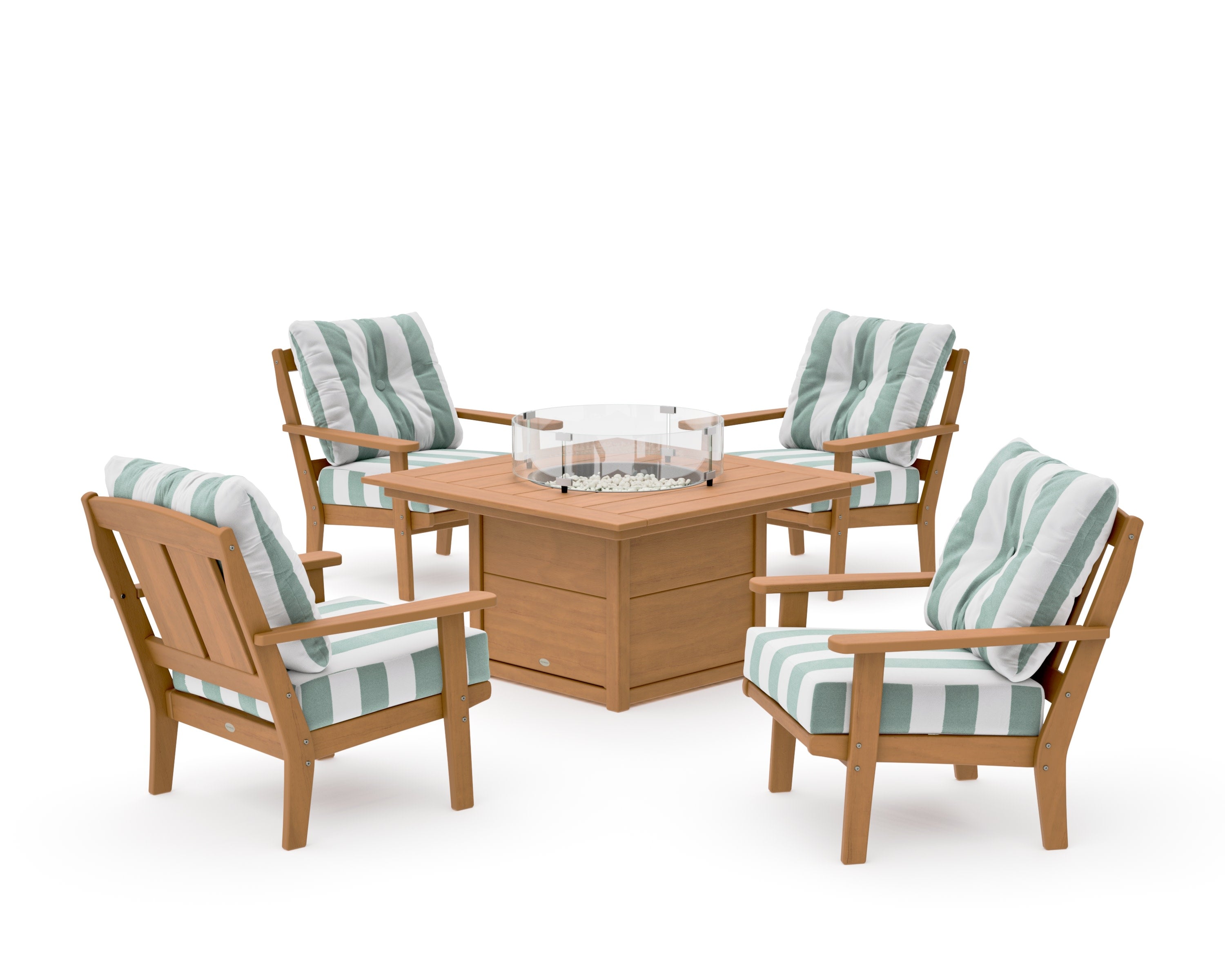 Mission 5-Piece Deep Seating Set with Fire Pit Table in Natural / Cabana Stripe Glacier Spa