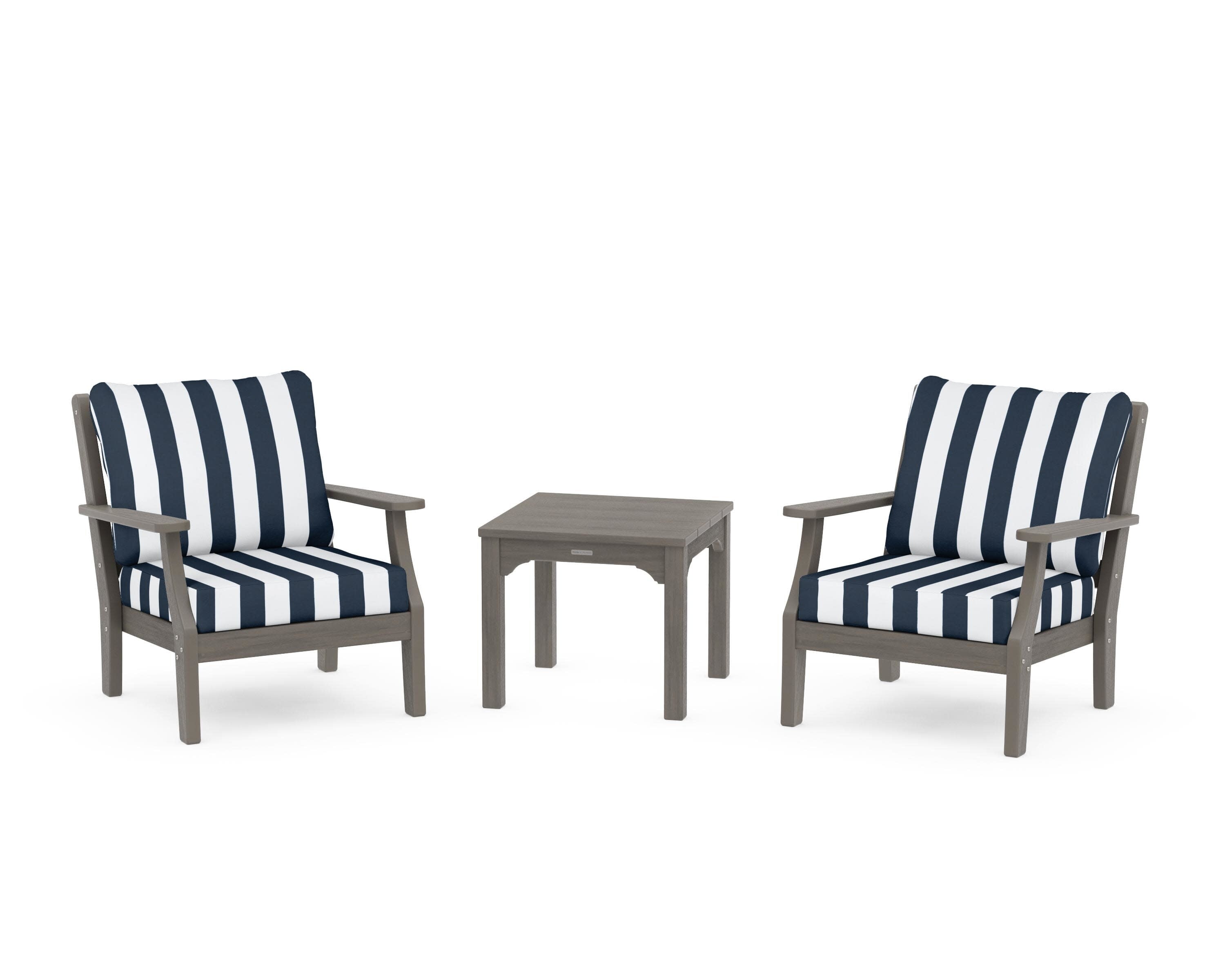 Chinoiserie 3-Piece Deep Seating Set in Driftwood / Cabana Stripe Marine Indigo