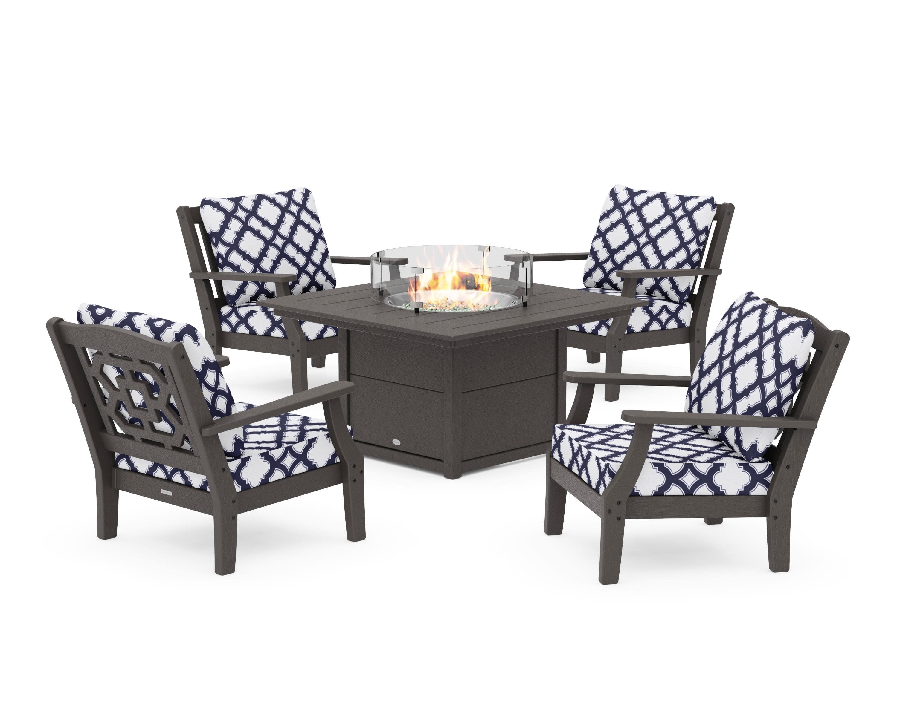 Chinoiserie 5-Piece Deep Seating Set with Fire Pit Table in Vintage Coffee / Trellis Navy