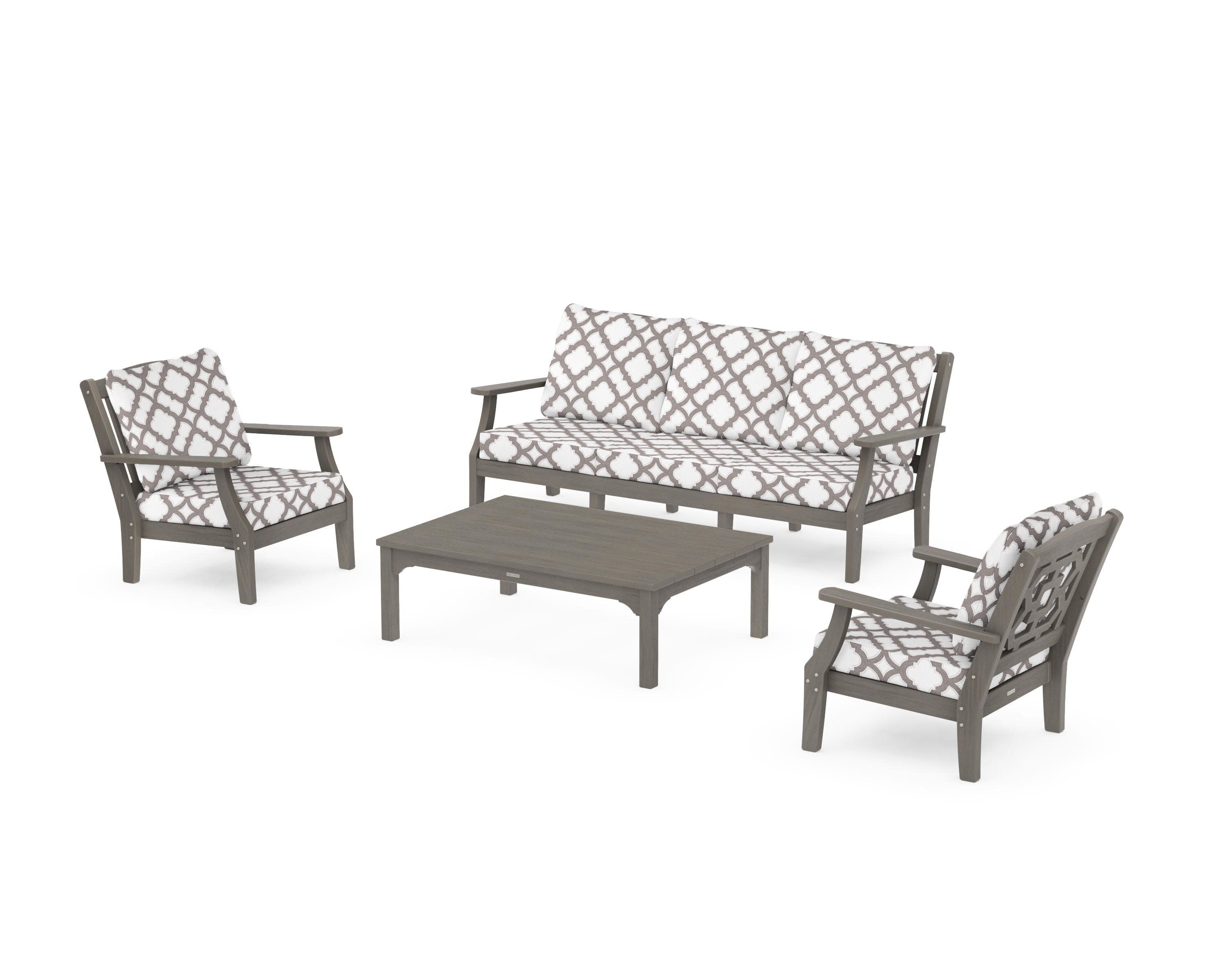 Chinoiserie 4-Piece Deep Seating Set with Sofa in Driftwood / Trellis Grey Mist