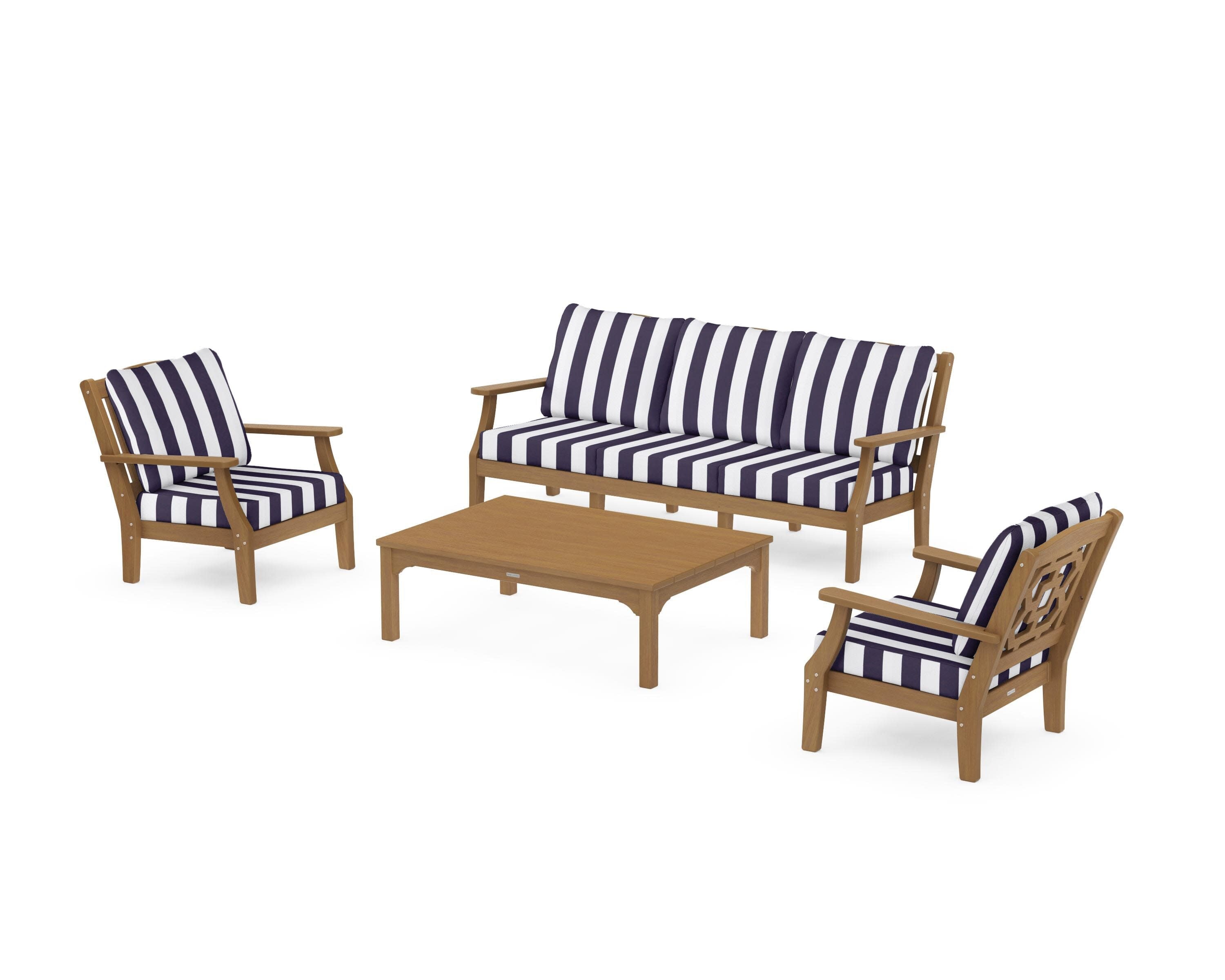 Chinoiserie 4-Piece Deep Seating Set with Sofa in Natural / Cabana Stripe Navy