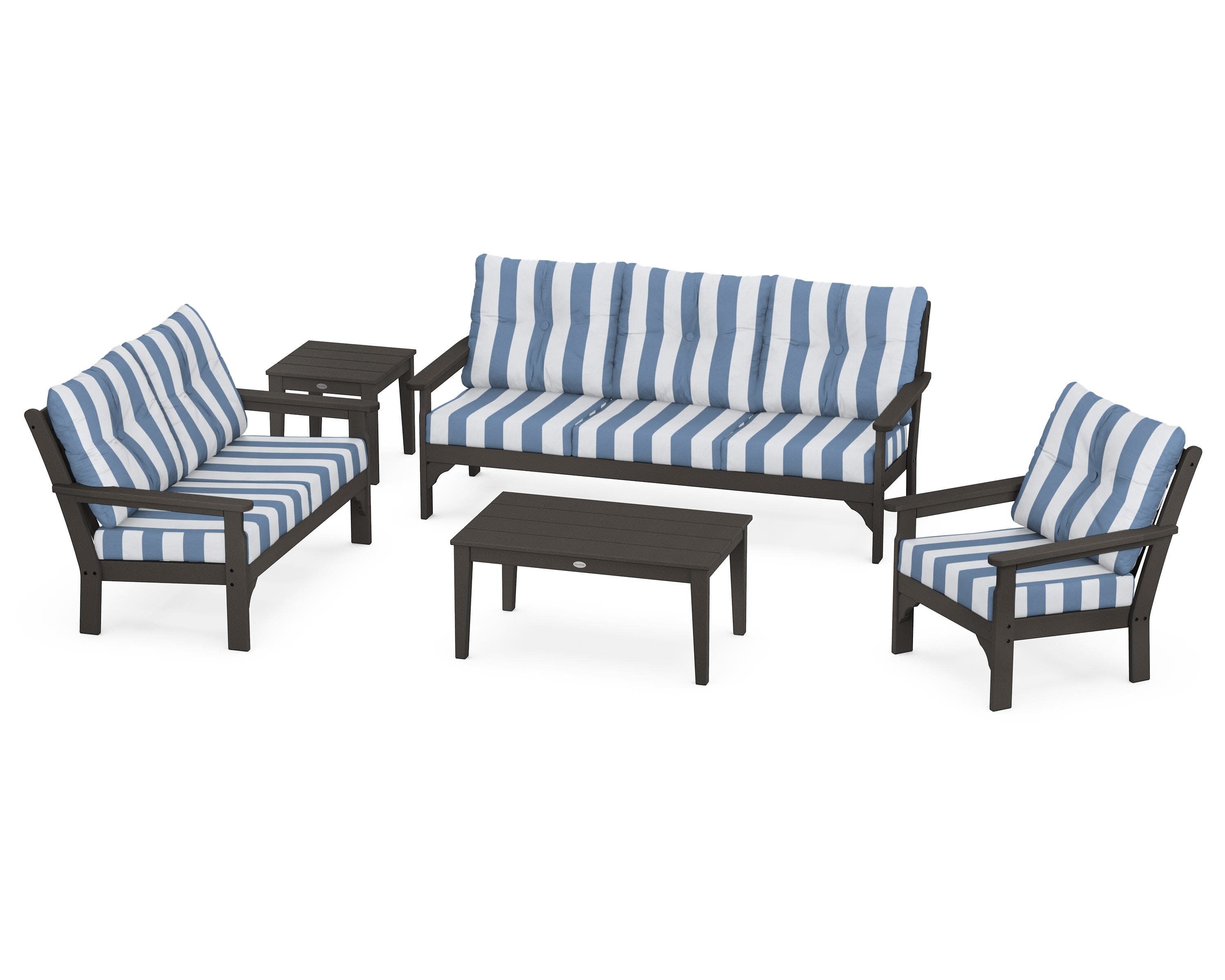 Vineyard 5 Piece Deep Seating Set in Vintage Coffee / Cabana Stripe Sky Blue