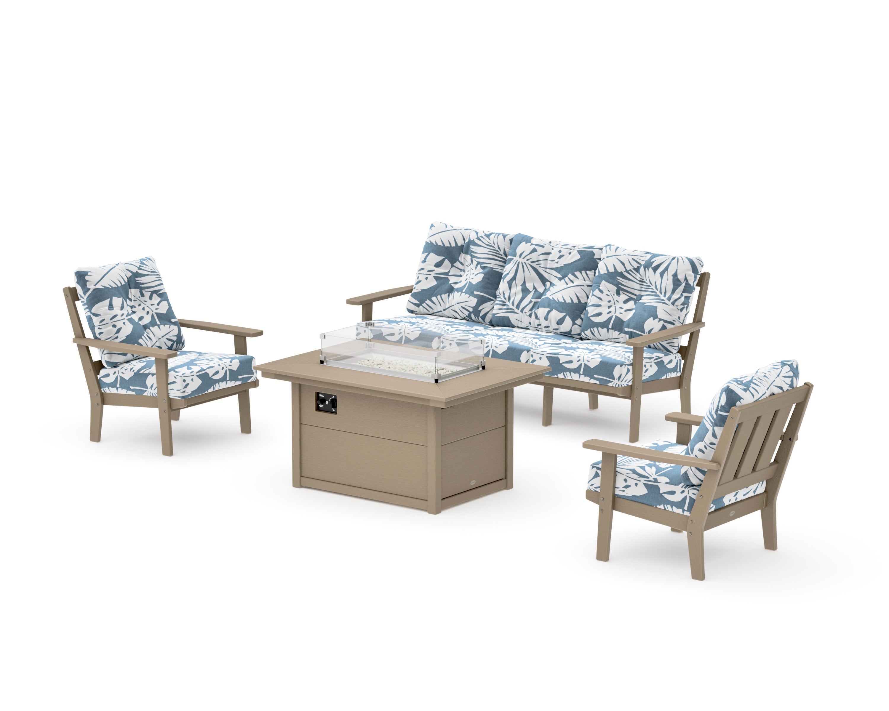 Oxford Deep Seating Fire Pit Table Set in Vintage Sahara / Leaf Sky Blue