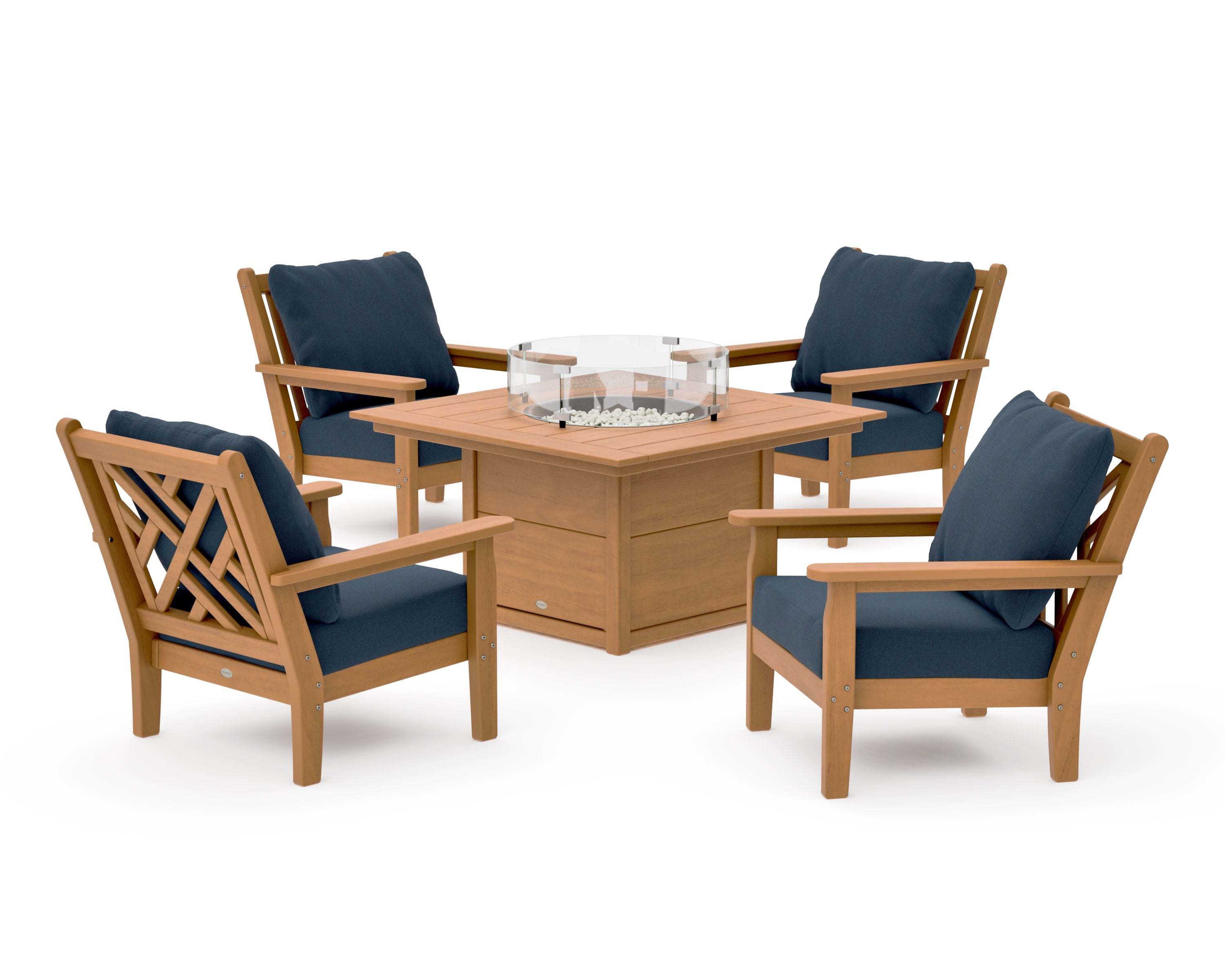 Chippendale 5-Piece Deep Seating Set with Fire Pit Table in Natural / Marine Indigo
