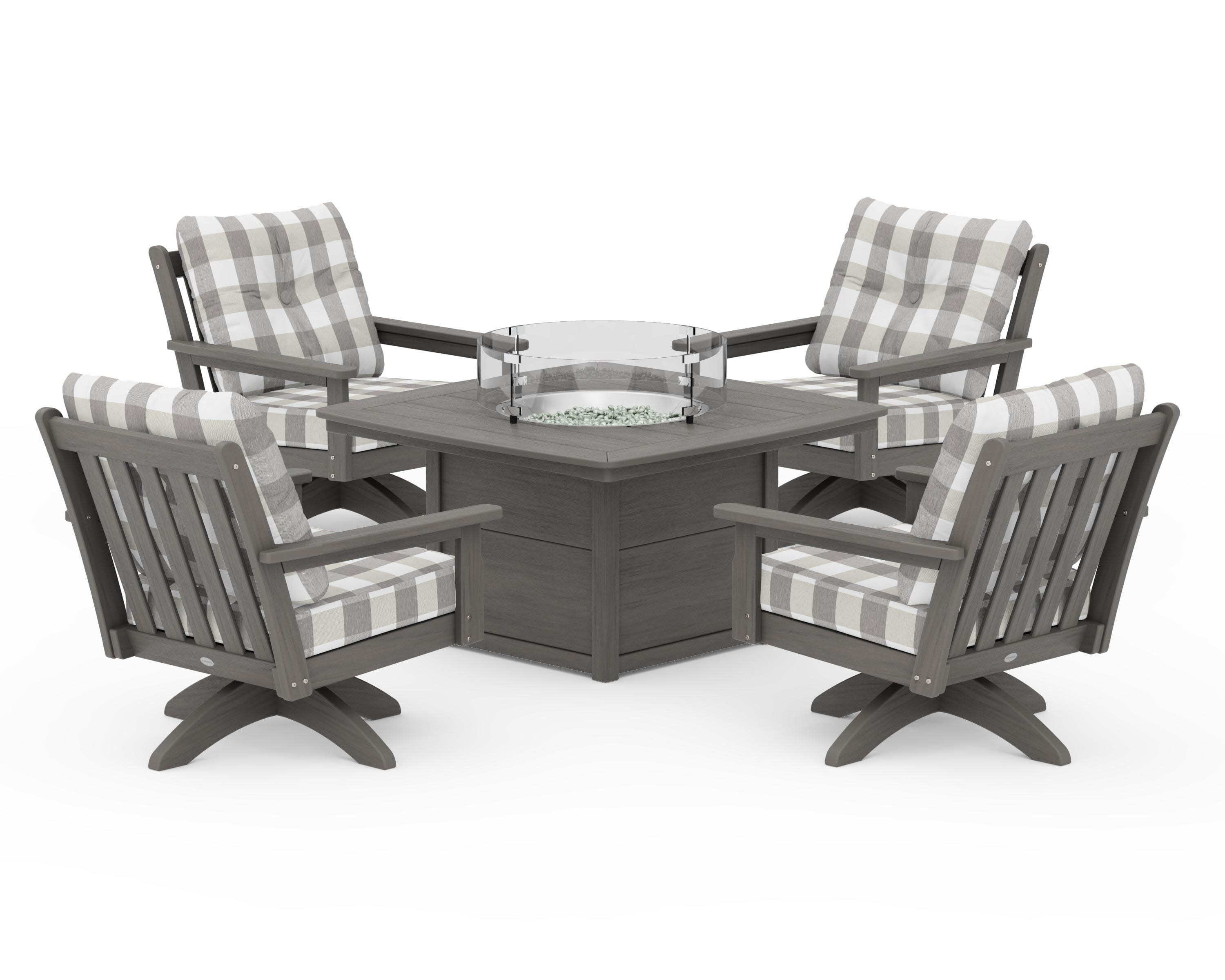 Vineyard 5-Piece Deep Seating Swivel Conversation Set with Fire Pit Table in Driftwood / Buffalo Plaid Grey Mist