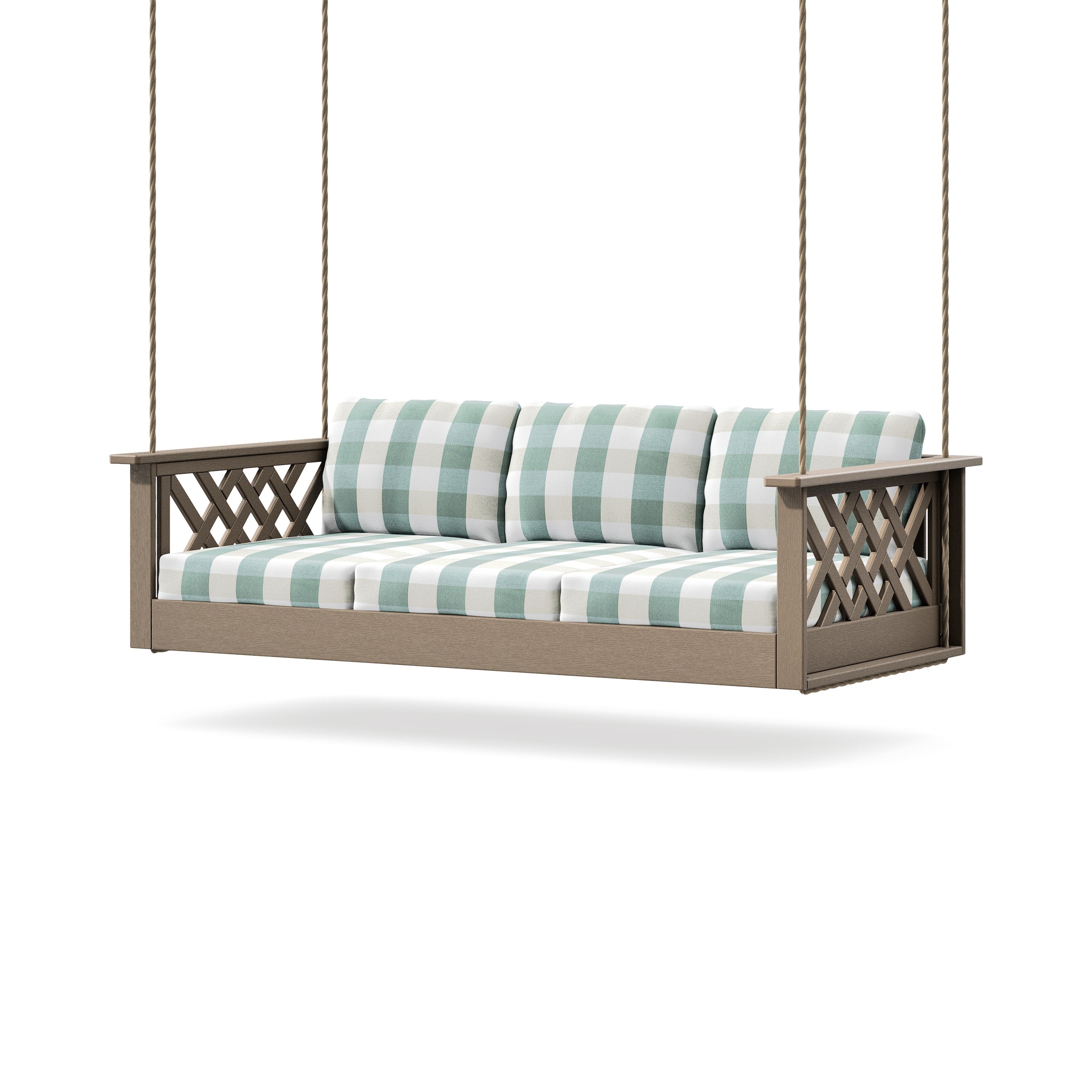 Wovendale Daybed Swing in Vintage Sahara / Buffalo Plaid Glacier Spa