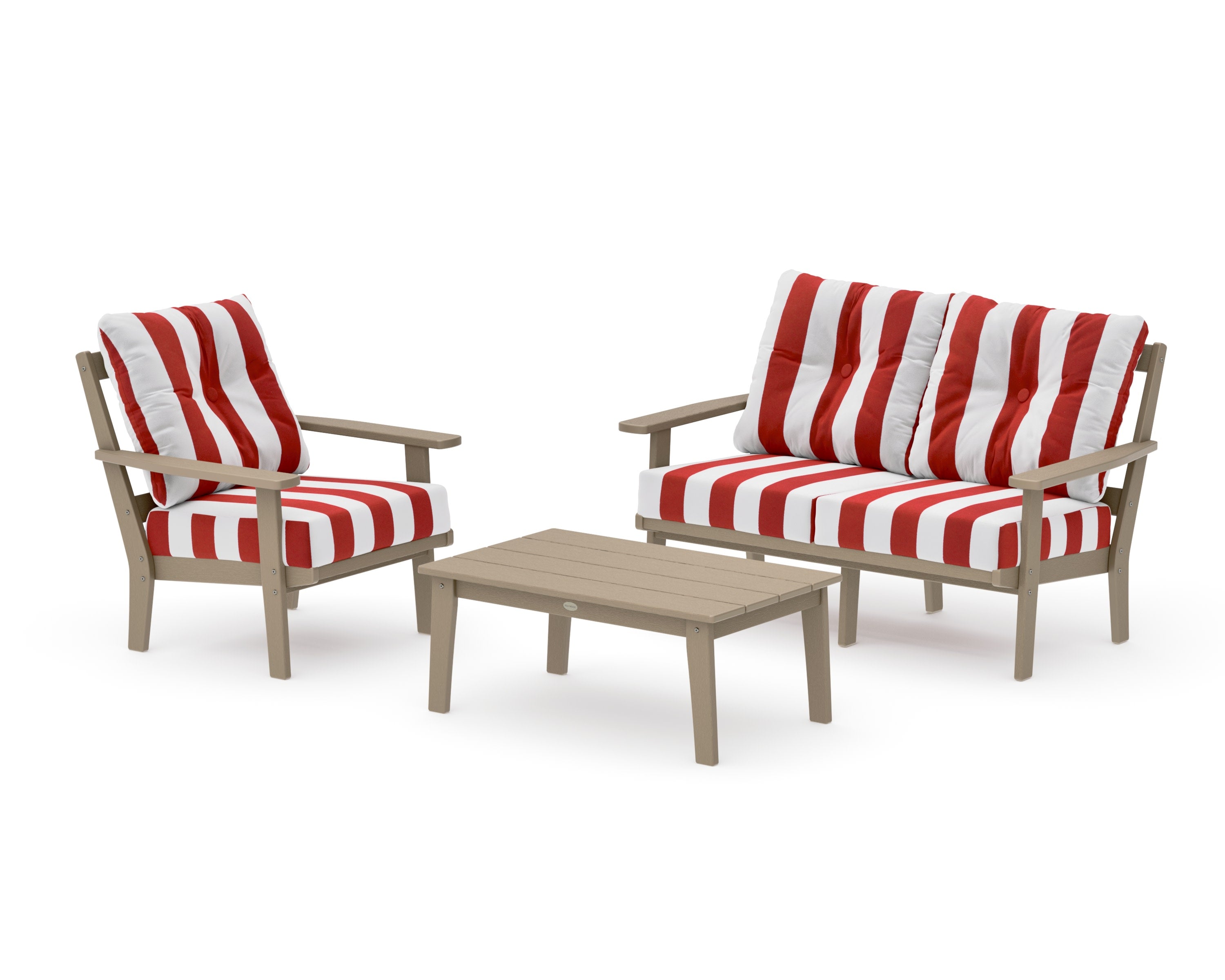 Oxford 3-Piece Deep Seating Set with Loveseat in Vintage Sahara / Cabana Stripe Crimson