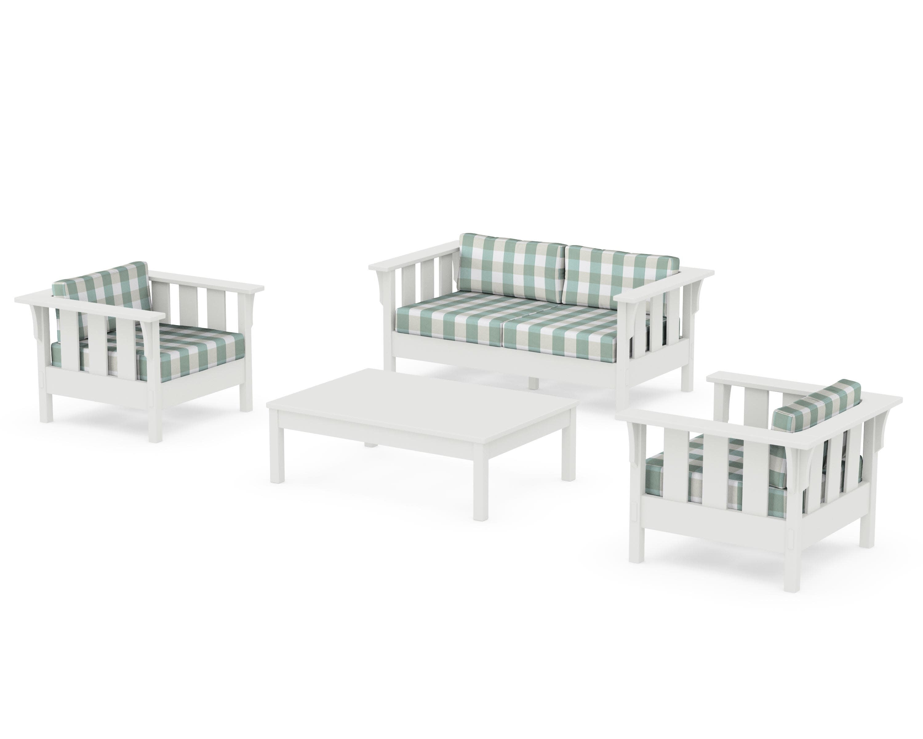 Acadia 4-Piece Deep Seating Set with Loveseat in Vintage White / Buffalo Plaid Glacier Spa