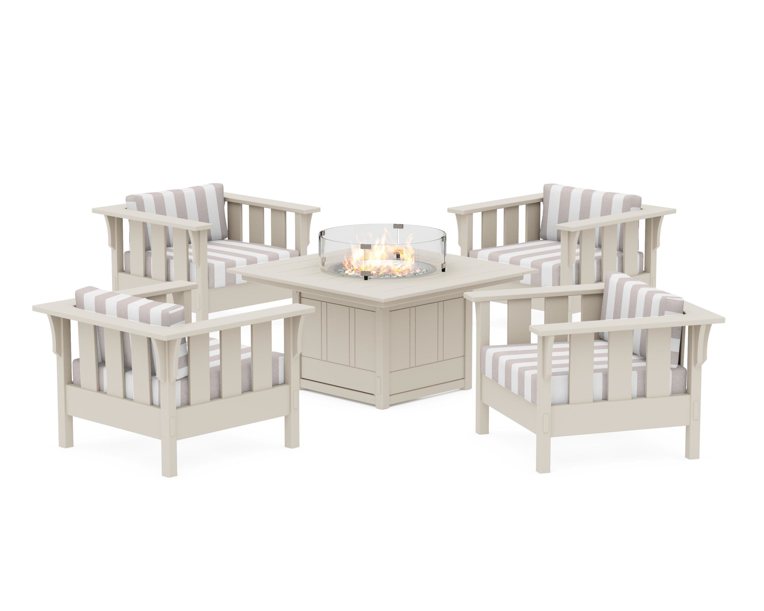 Acadia 5-Piece Deep Seating Set with Fire Pit Table in Sand / Cabana Stripe Dune Burlap