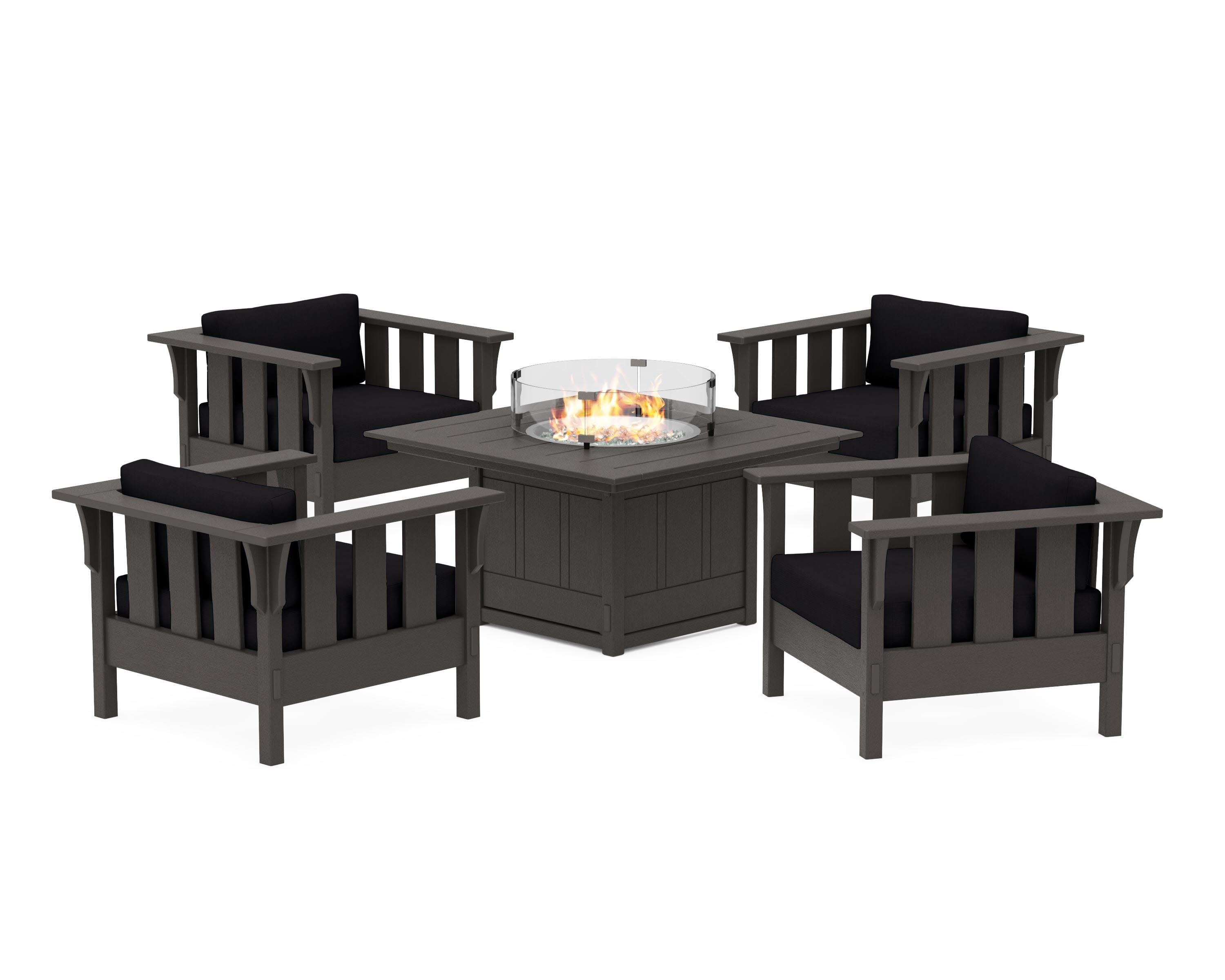 Acadia 5-Piece Deep Seating Set with Fire Pit Table in Vintage Coffee / Midnight Linen