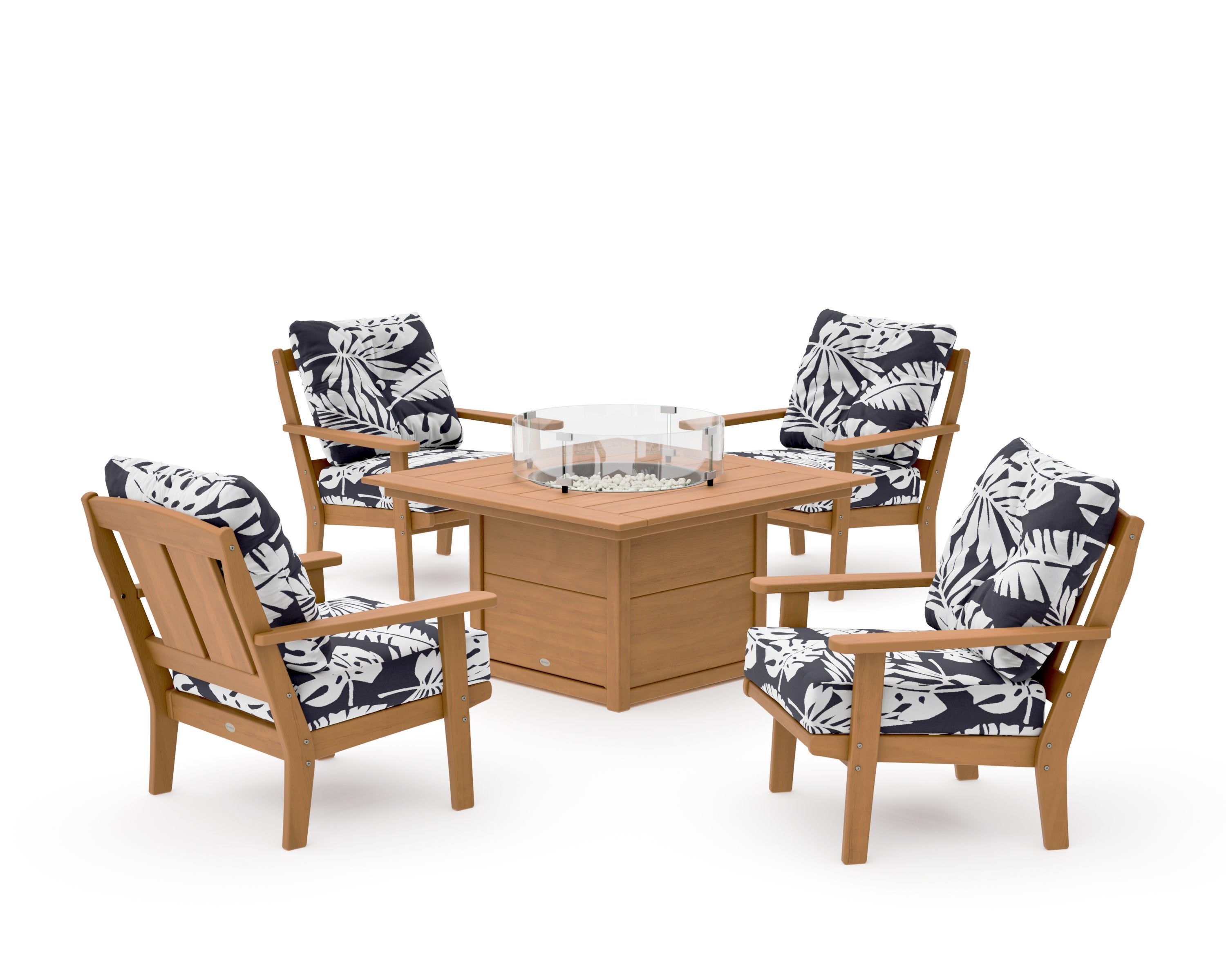Mission 5-Piece Deep Seating Set with Fire Pit Table in Natural / Leaf Navy