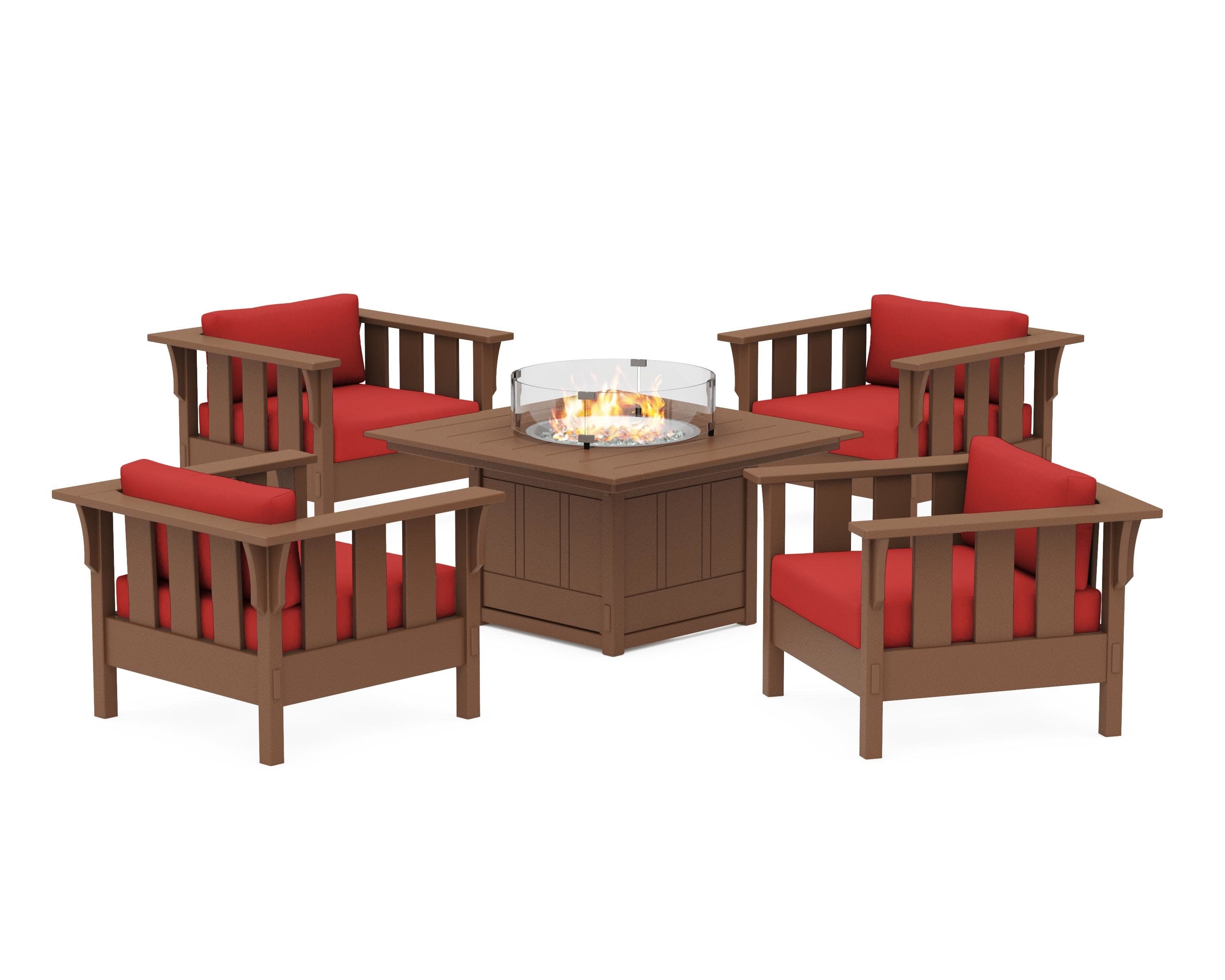 Acadia 5-Piece Deep Seating Set with Fire Pit Table in Teak / Crimson Linen