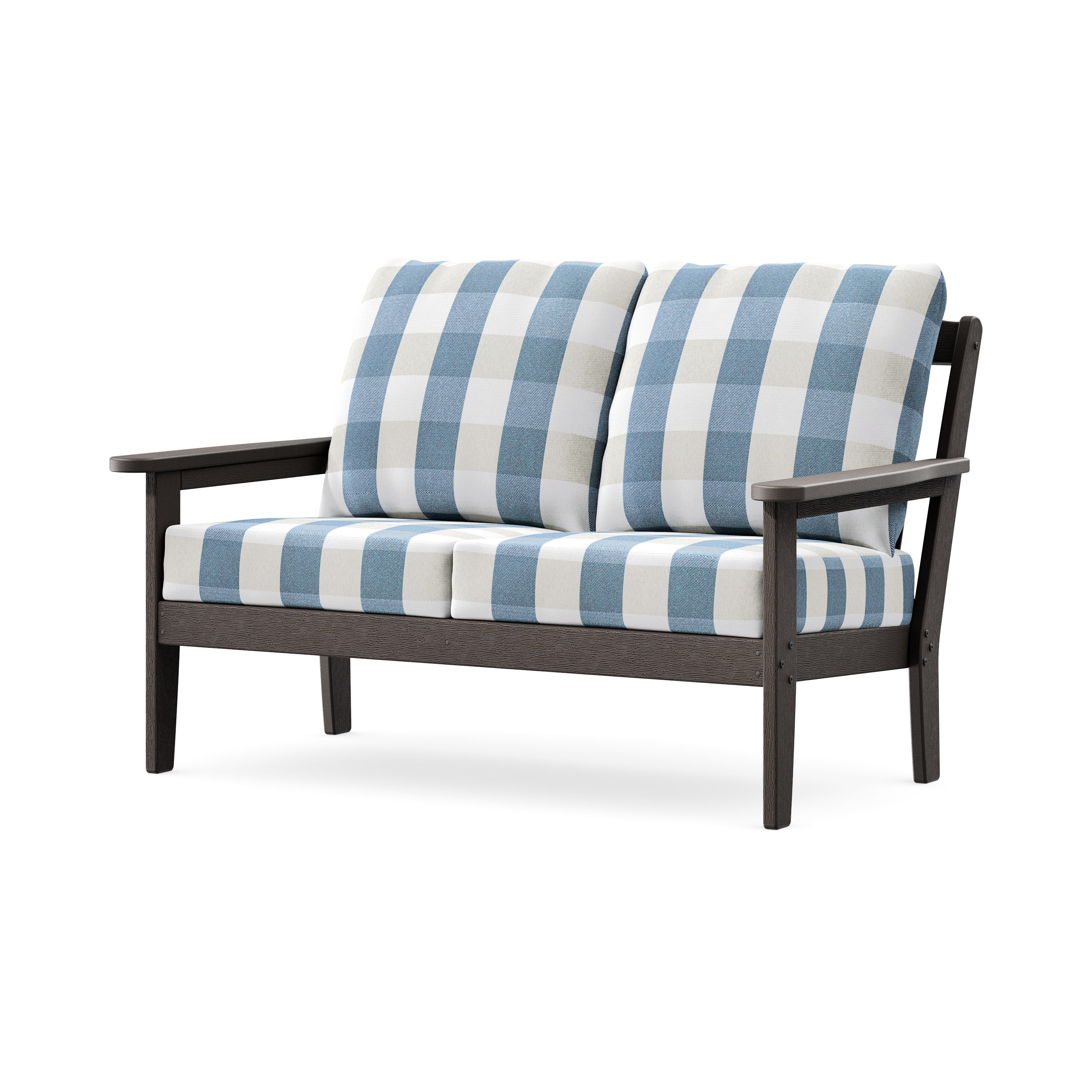 Cottage Deep Seating Loveseat in Vintage Coffee / Buffalo Plaid Sky Blue