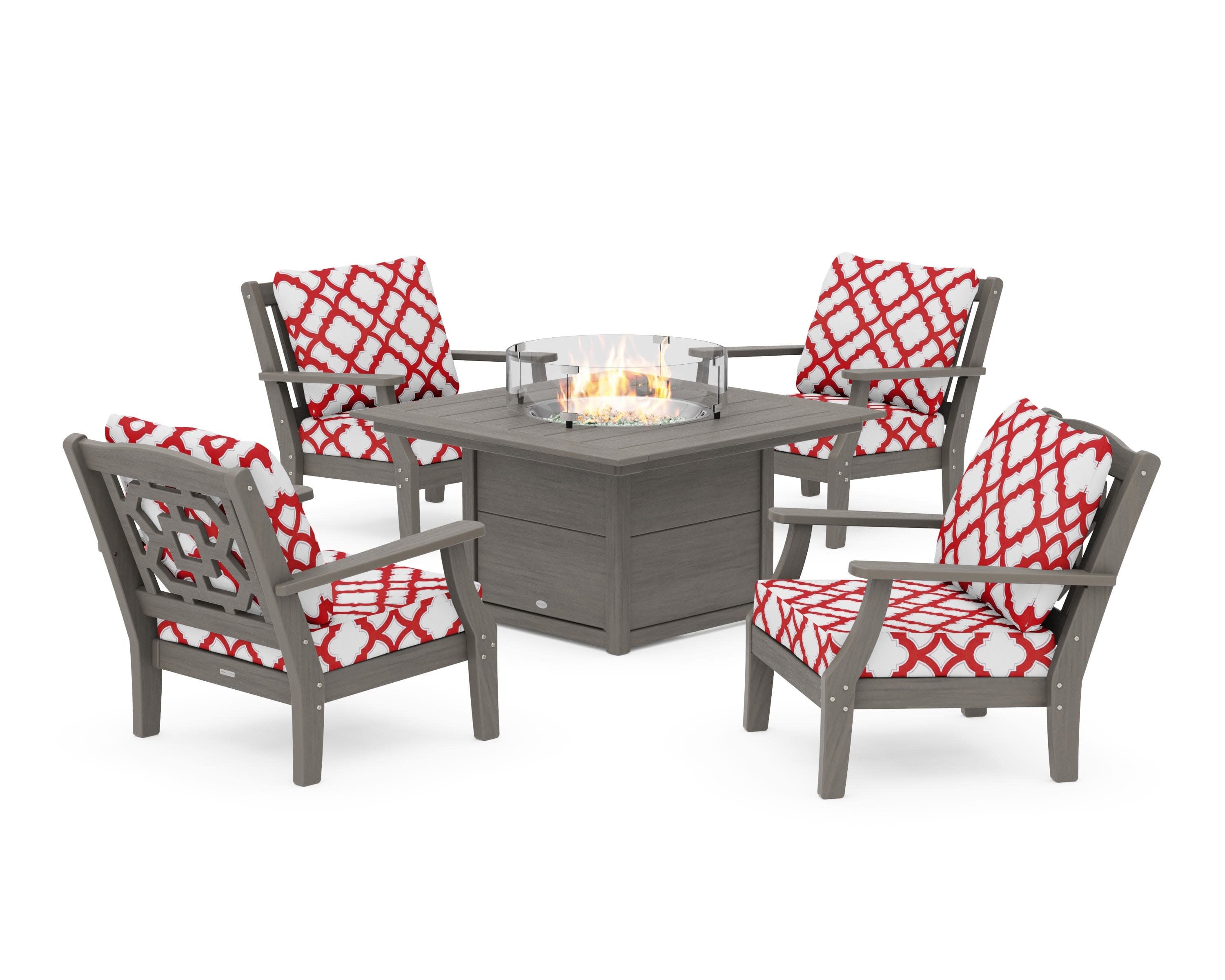 Chinoiserie 5-Piece Deep Seating Set with Fire Pit Table in Driftwood / Trellis Crimson