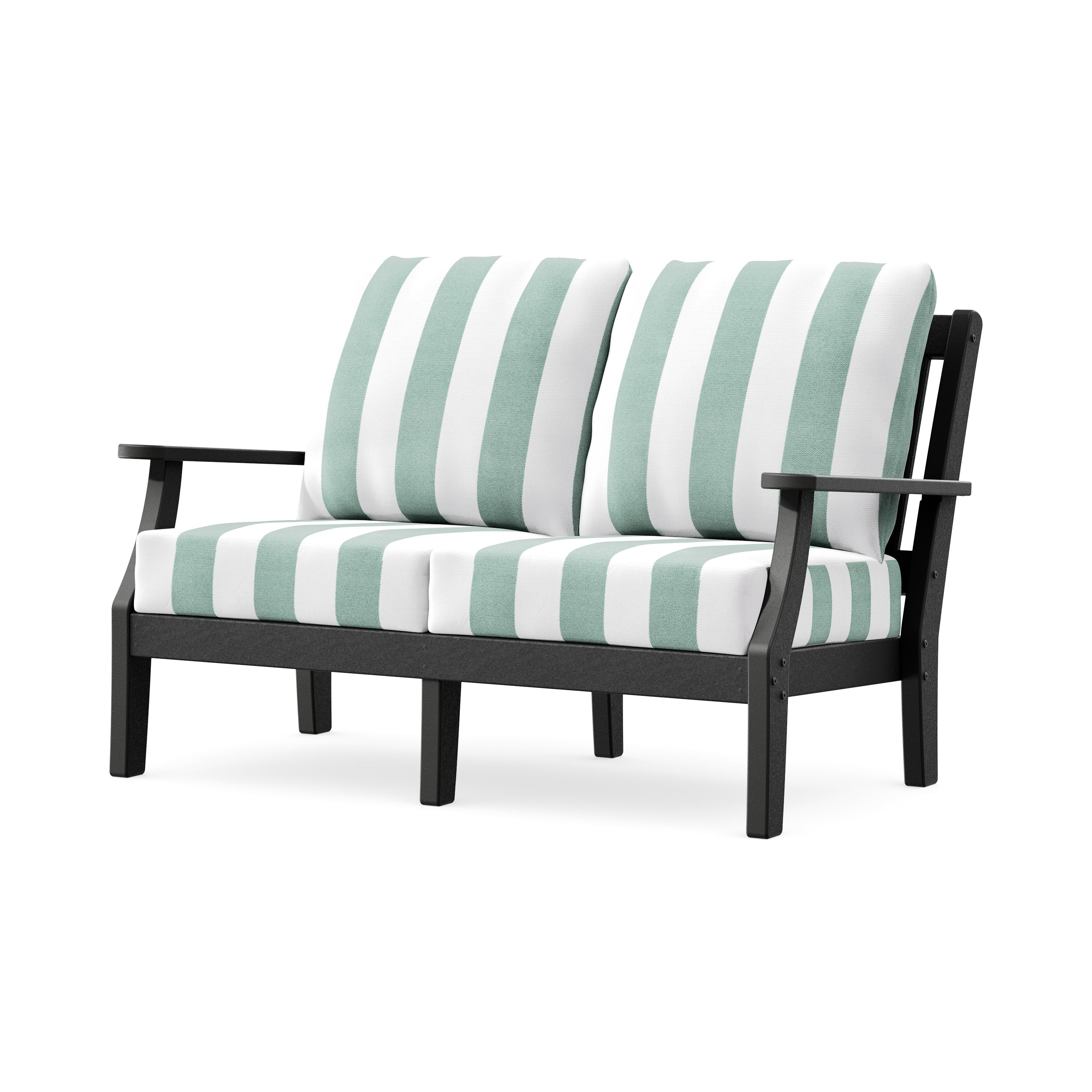 Chinoiserie Deep Seating Loveseat in Black / Cabana Stripe Glacier Spa