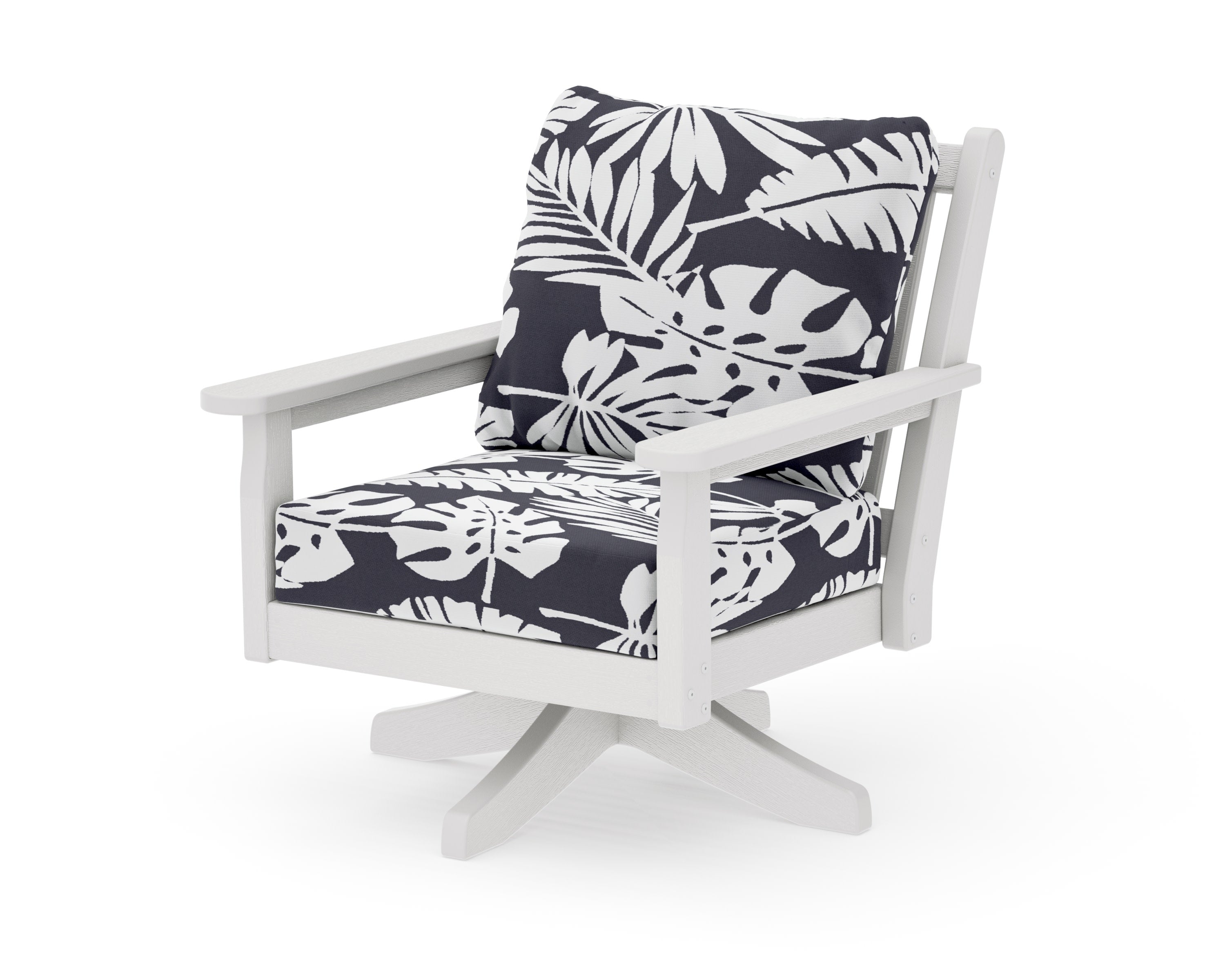 Chippendale Deep Seating Swivel Chair in Vintage White / Leaf Navy
