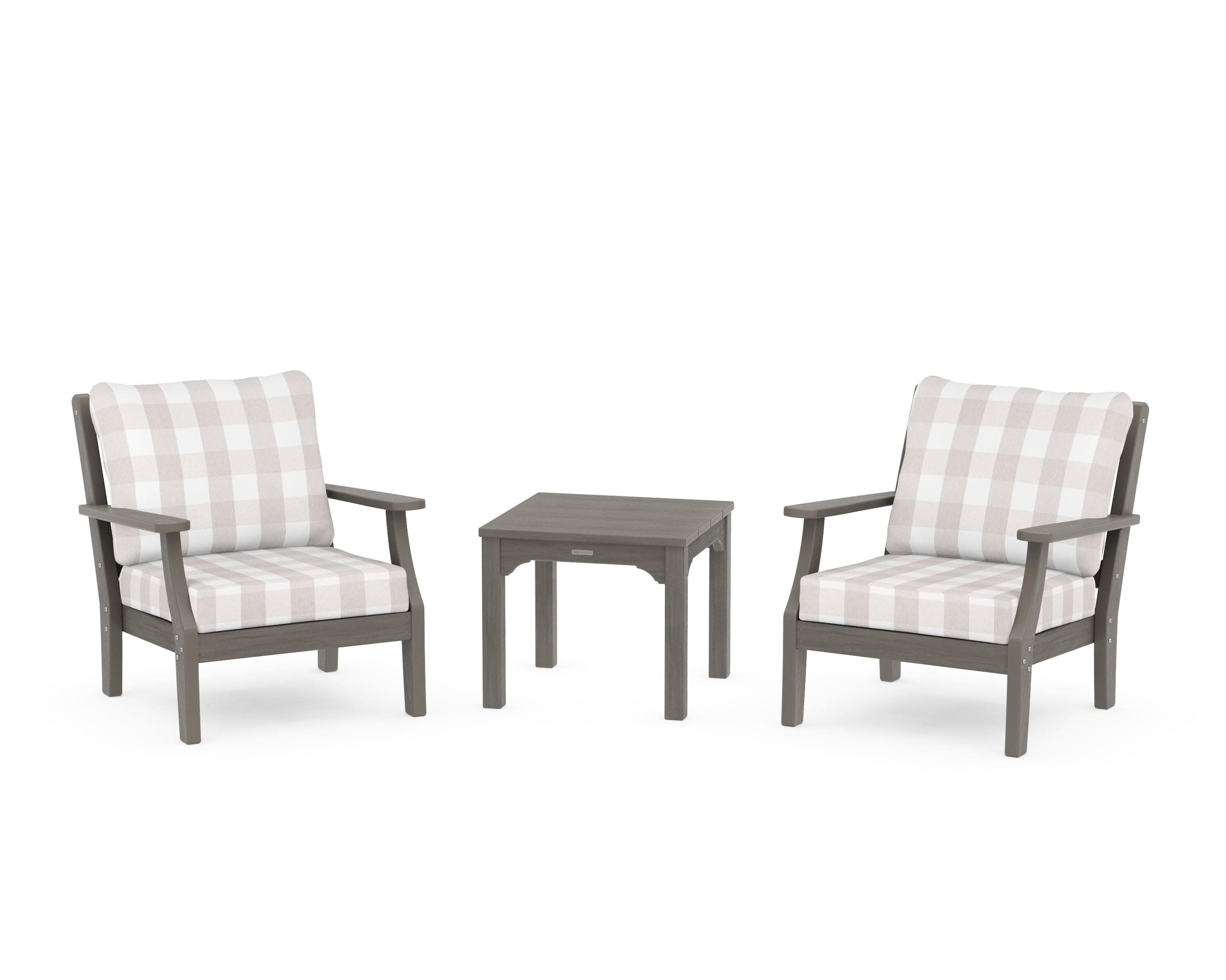 Chinoiserie 3-Piece Deep Seating Set in Driftwood / Buffalo Plaid Dune Burlap