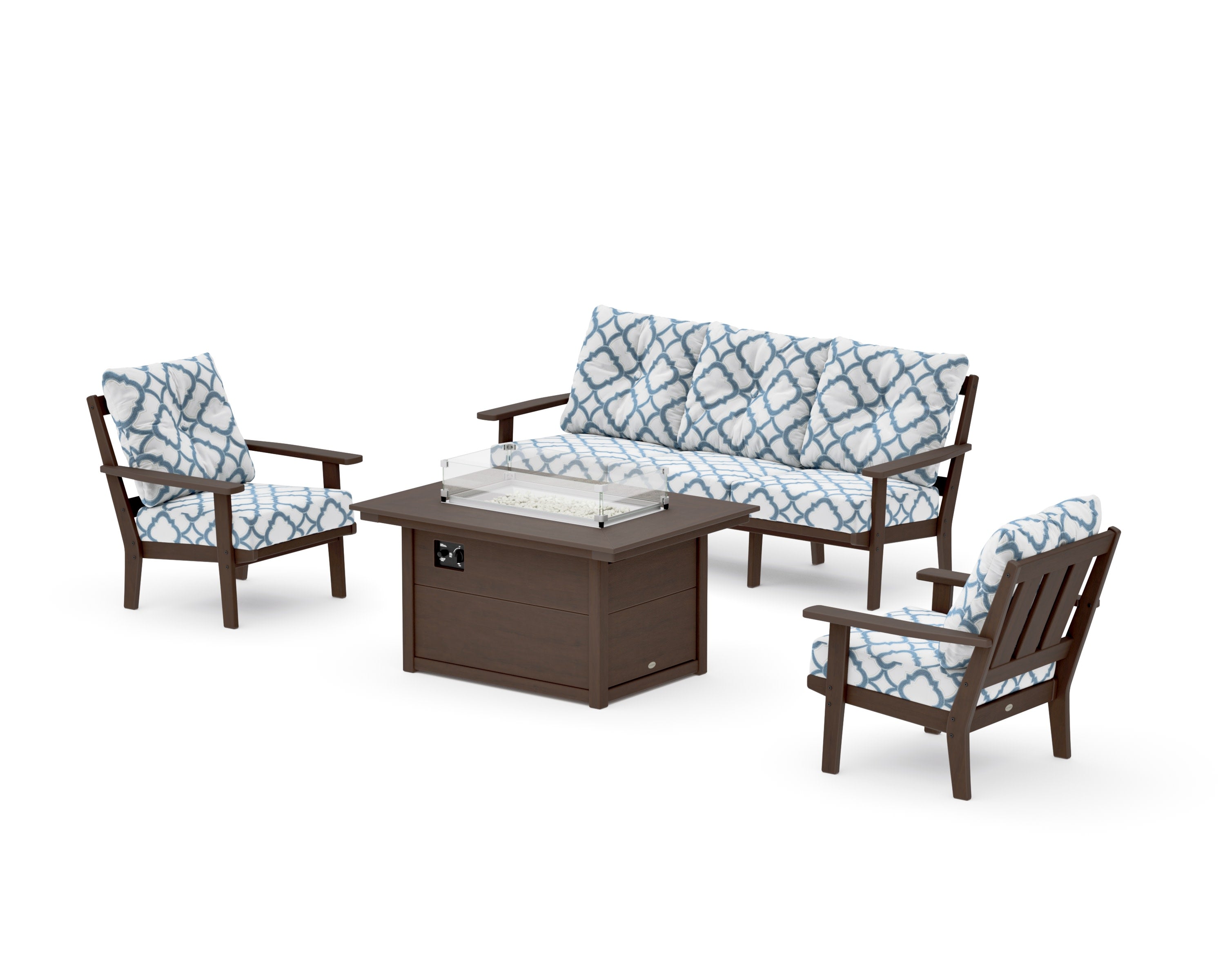 Oxford Deep Seating Fire Pit Table Set in Kona / Trellis Sky Blue