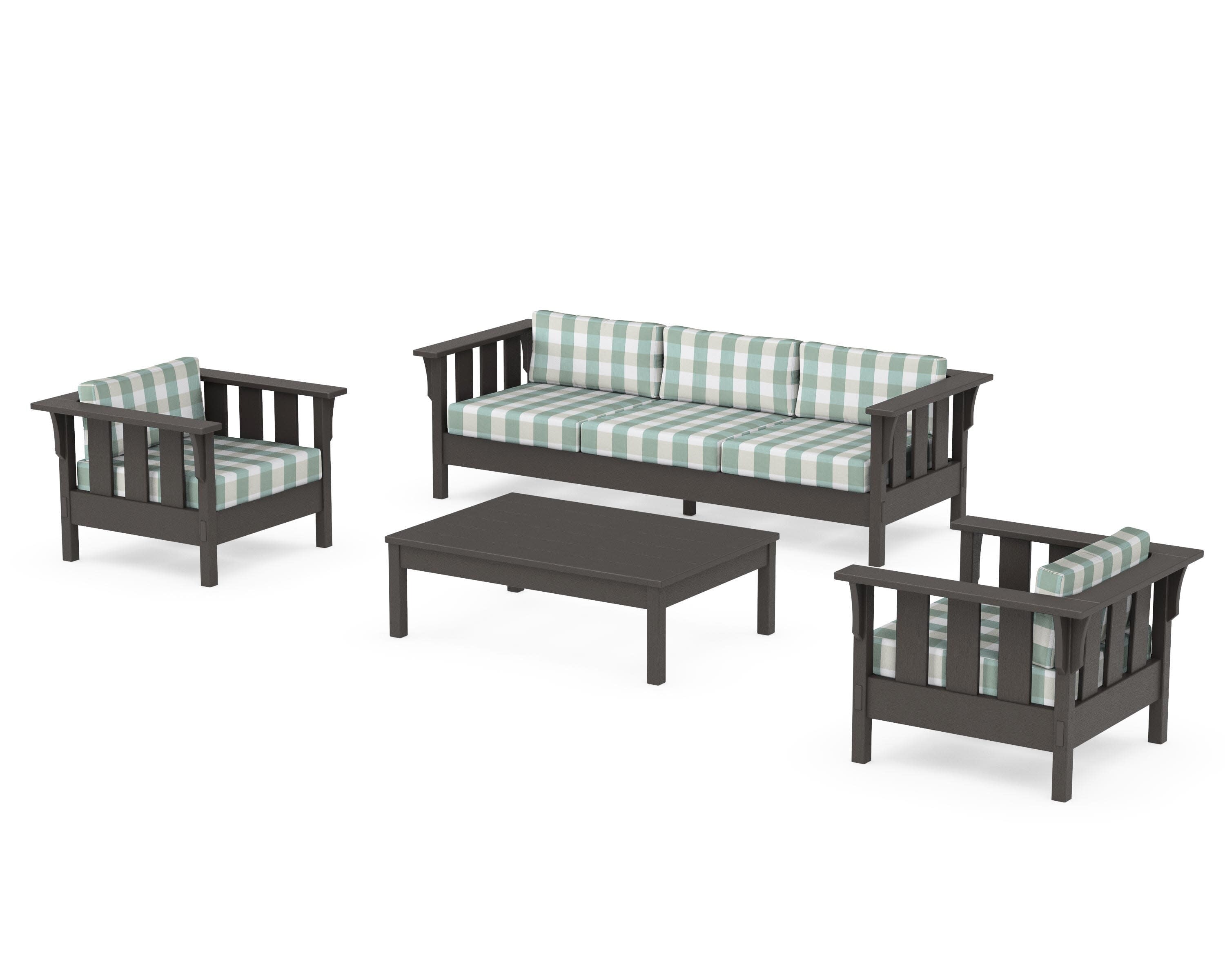 Acadia 4-Piece Deep Seating Set with Sofa in Vintage Coffee / Buffalo Plaid Glacier Spa