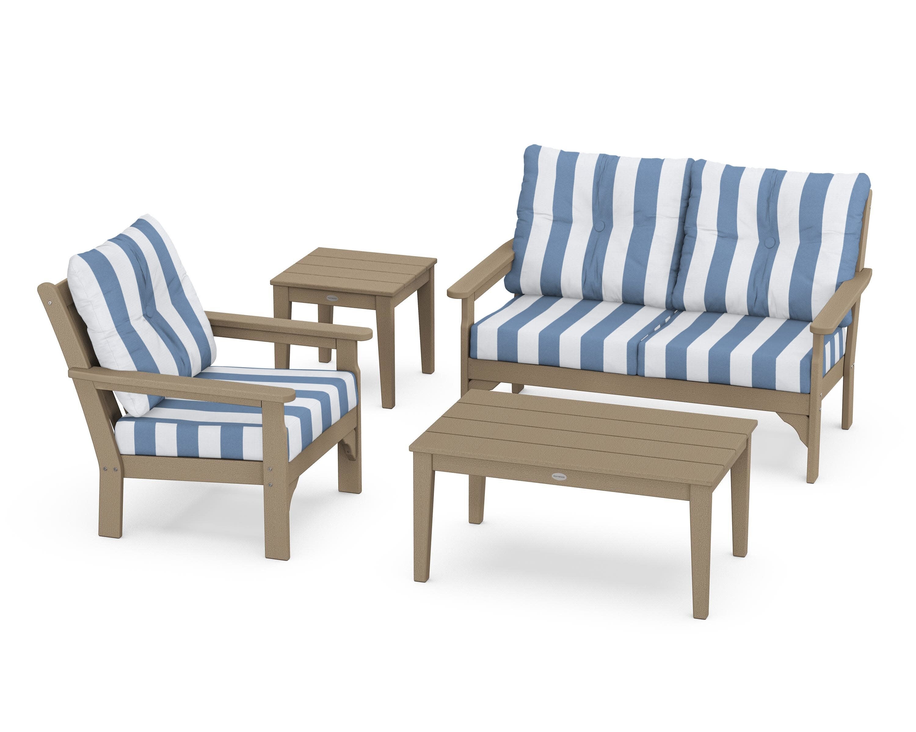 Vineyard 4-Piece Deep Seating Set in Vintage Sahara / Cabana Stripe Sky Blue