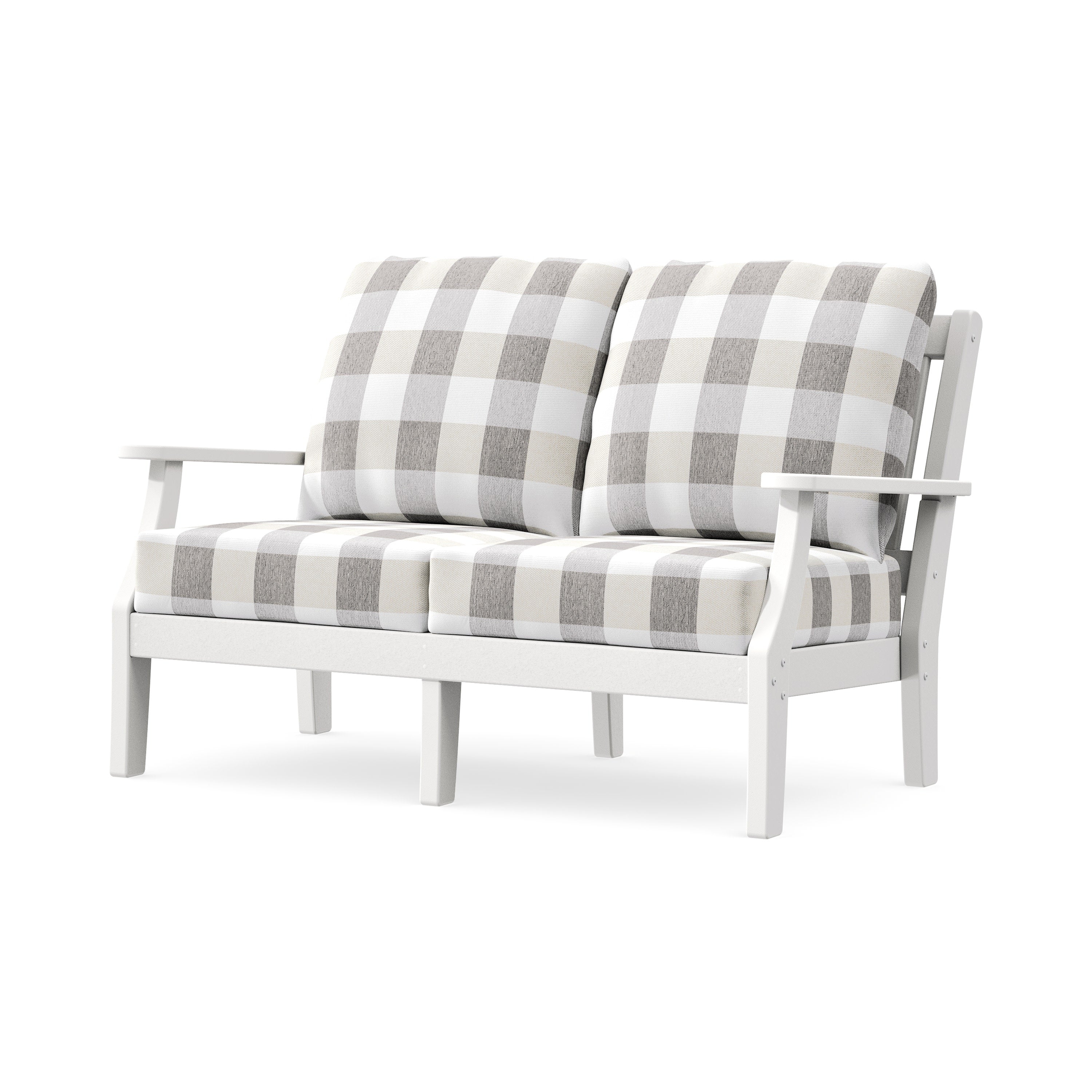 Chinoiserie Deep Seating Loveseat in White / Buffalo Plaid Grey Mist