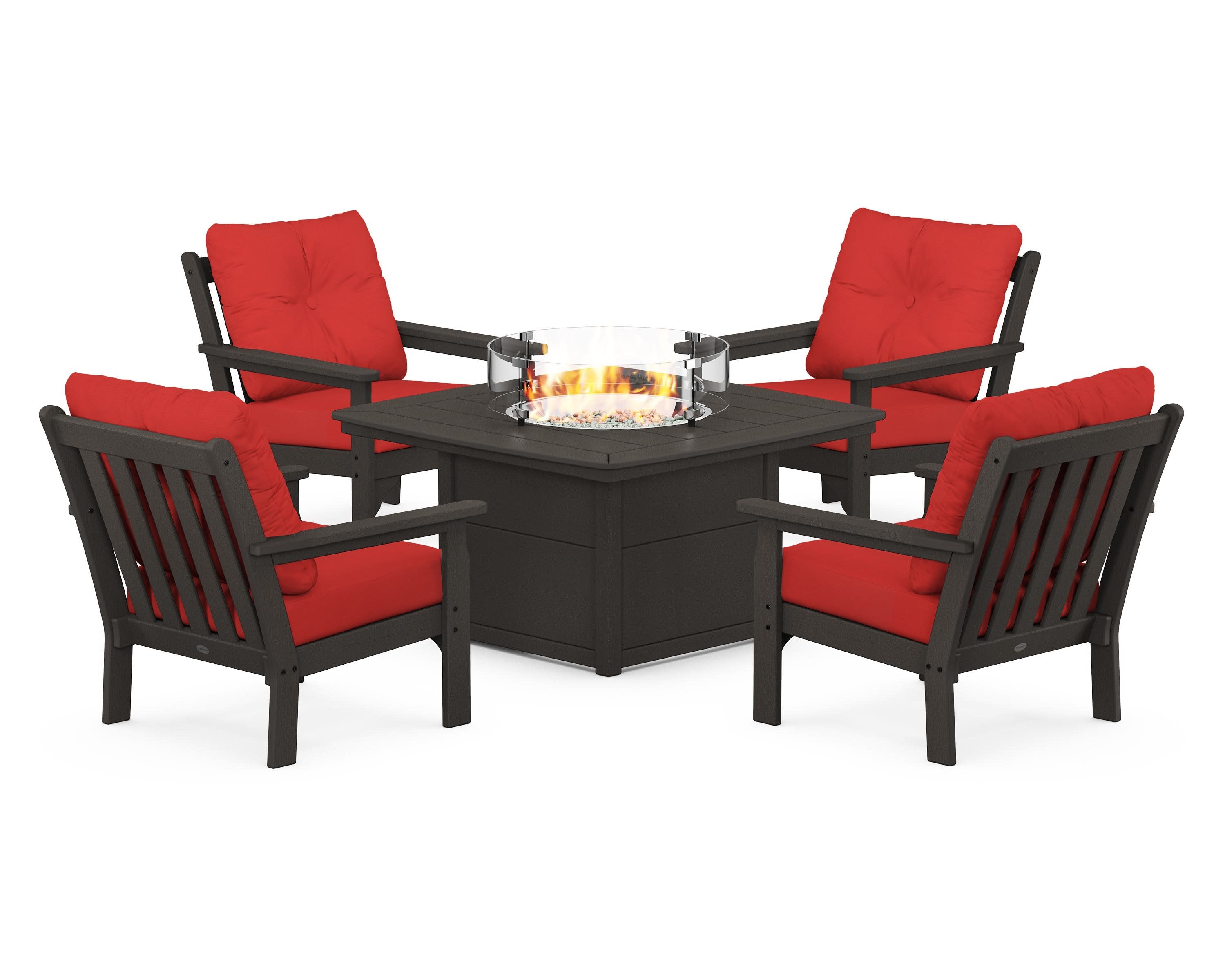Vineyard 5-Piece Conversation Set with Fire Pit Table in Vintage Coffee / Crimson Linen