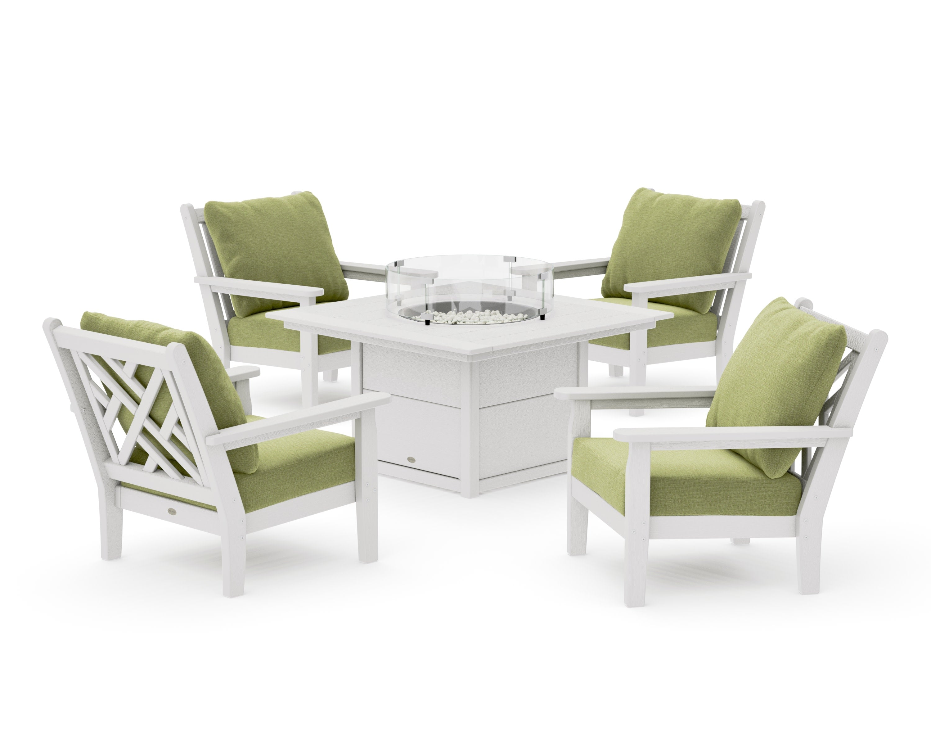 Chippendale 5-Piece Deep Seating Set with Fire Pit Table in Vintage White / Chartreuse Boucle