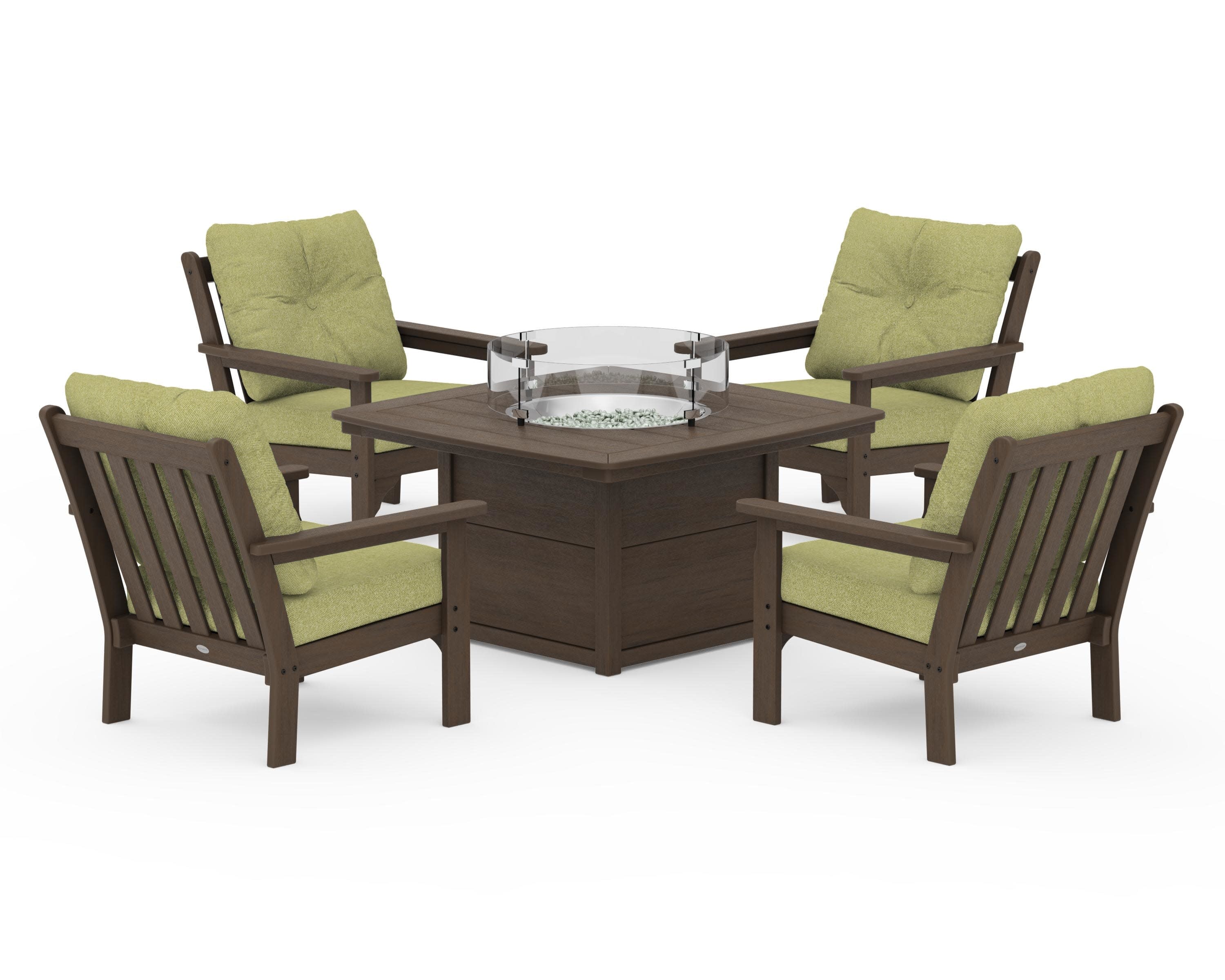 Vineyard 5-Piece Conversation Set with Fire Pit Table in Kona / Chartreuse Boucle