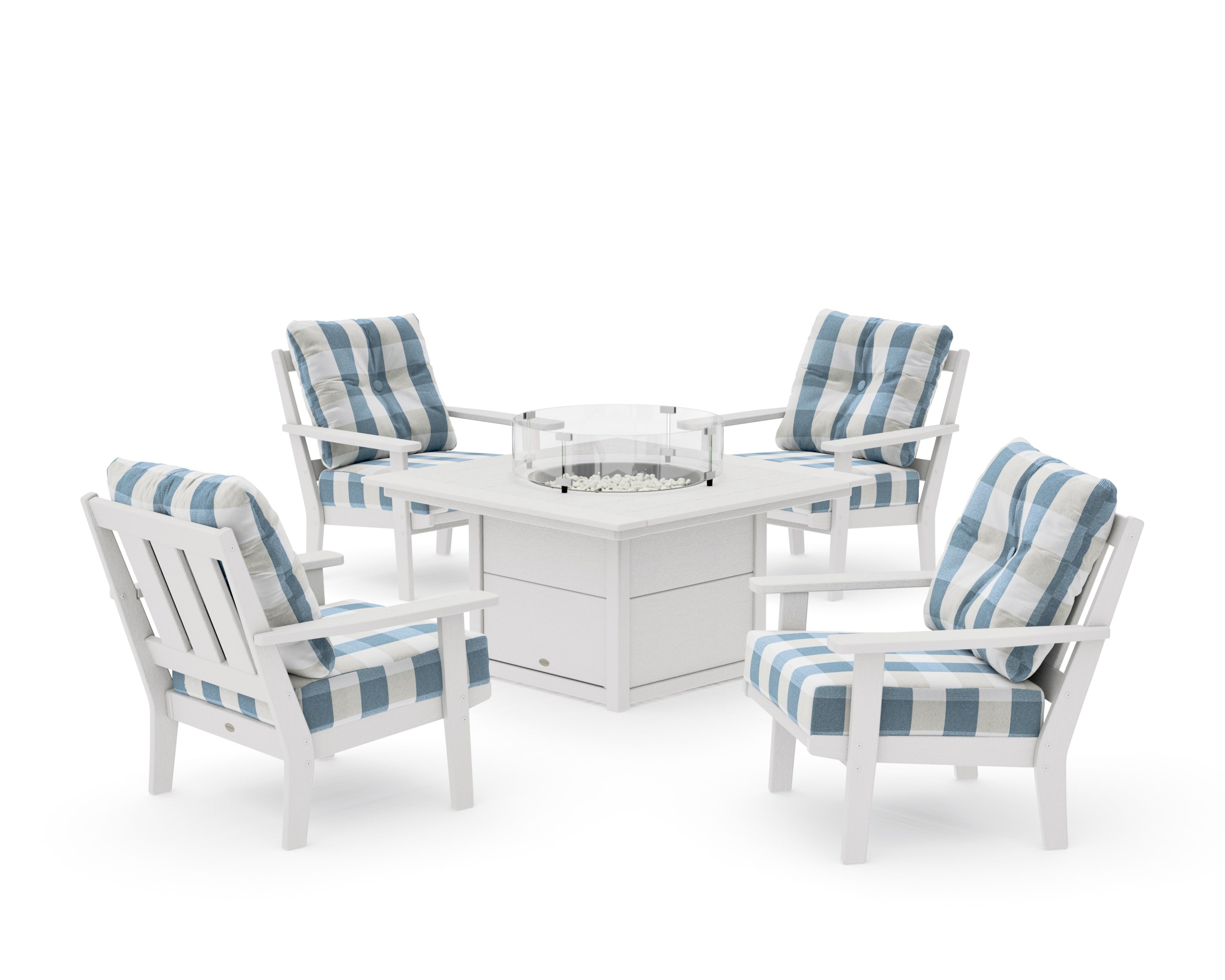 Oxford 5-Piece Deep Seating Set with Fire Pit Table in Vintage White / Buffalo Plaid Sky Blue