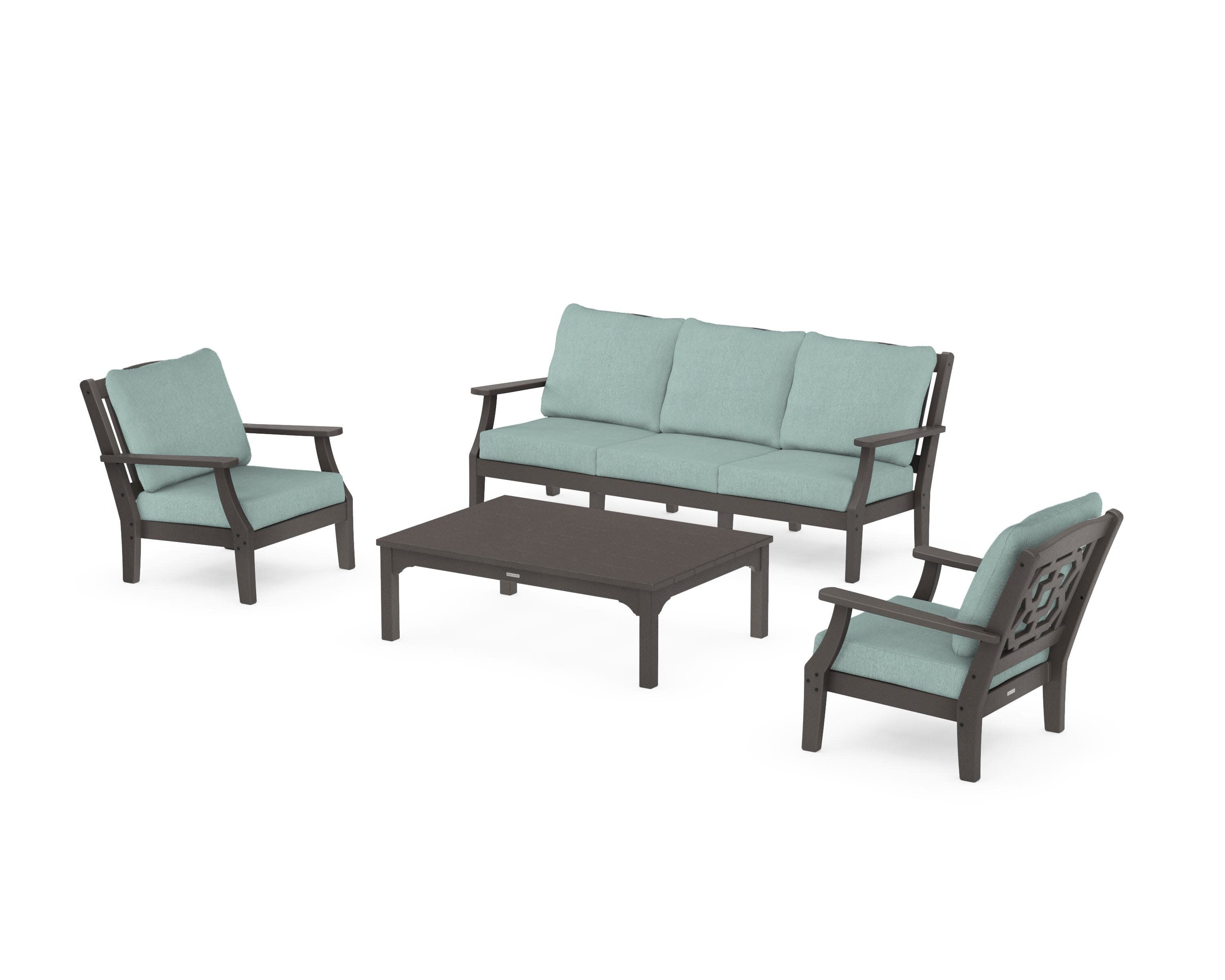 Chinoiserie 4-Piece Deep Seating Set with Sofa in Vintage Coffee / Glacier Spa