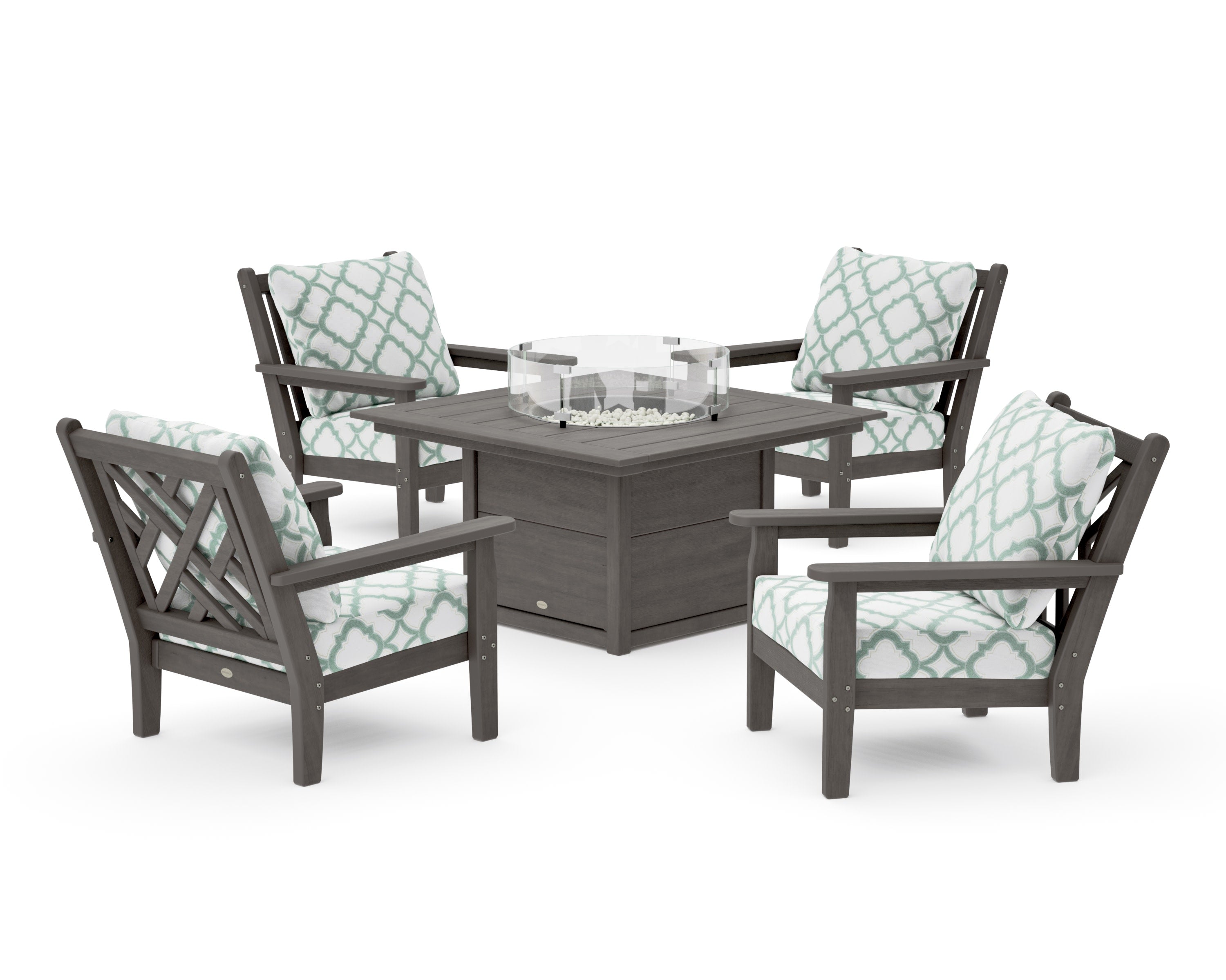 Chippendale 5-Piece Deep Seating Set with Fire Pit Table in Driftwood / Trellis Glacier Spa