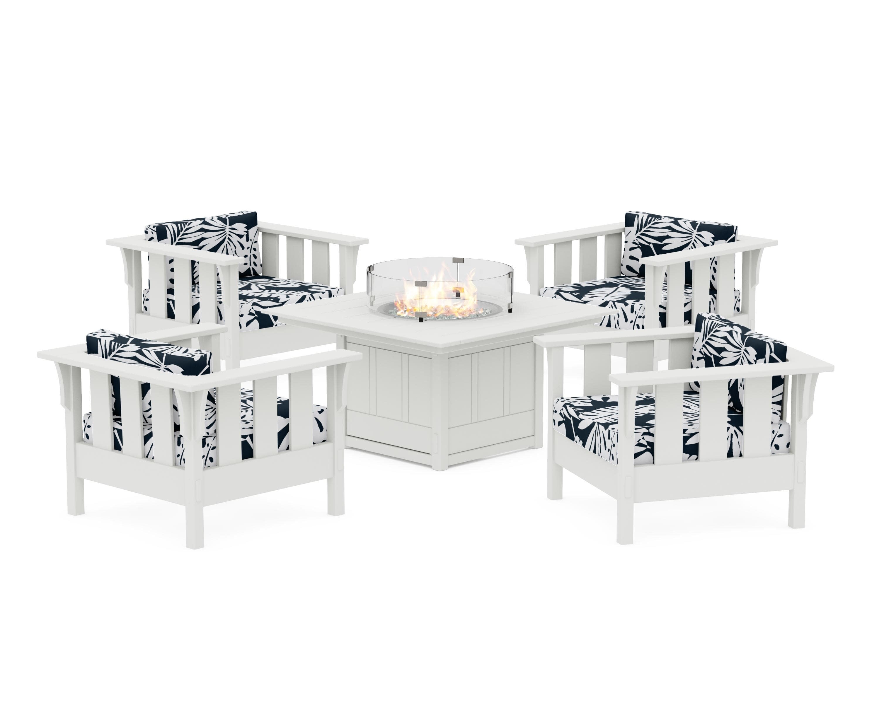 Acadia 5-Piece Deep Seating Set with Fire Pit Table in White / Leaf Marine Indigo