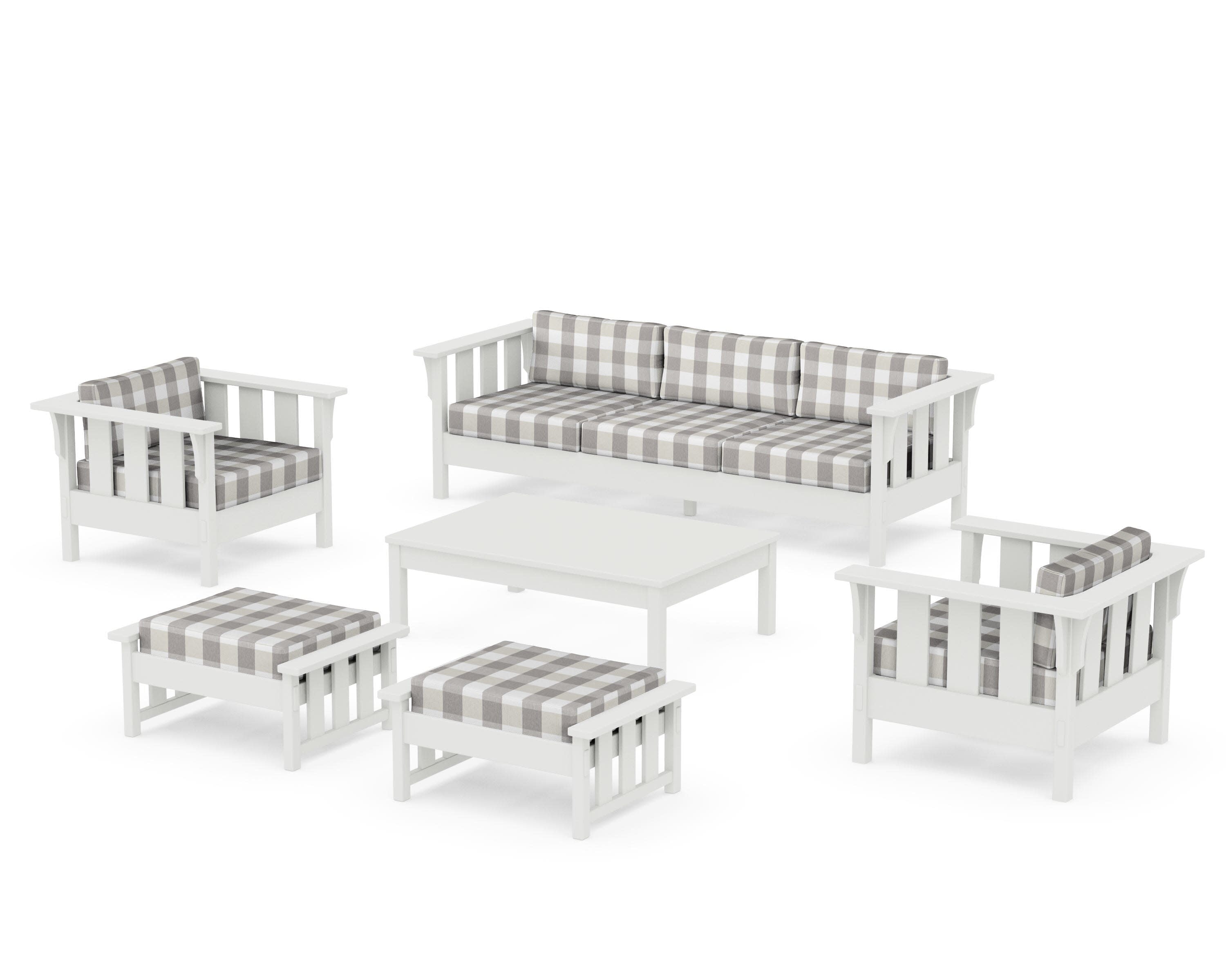 Acadia 6-Piece Lounge Sofa Set in Vintage White / Buffalo Plaid Grey Mist
