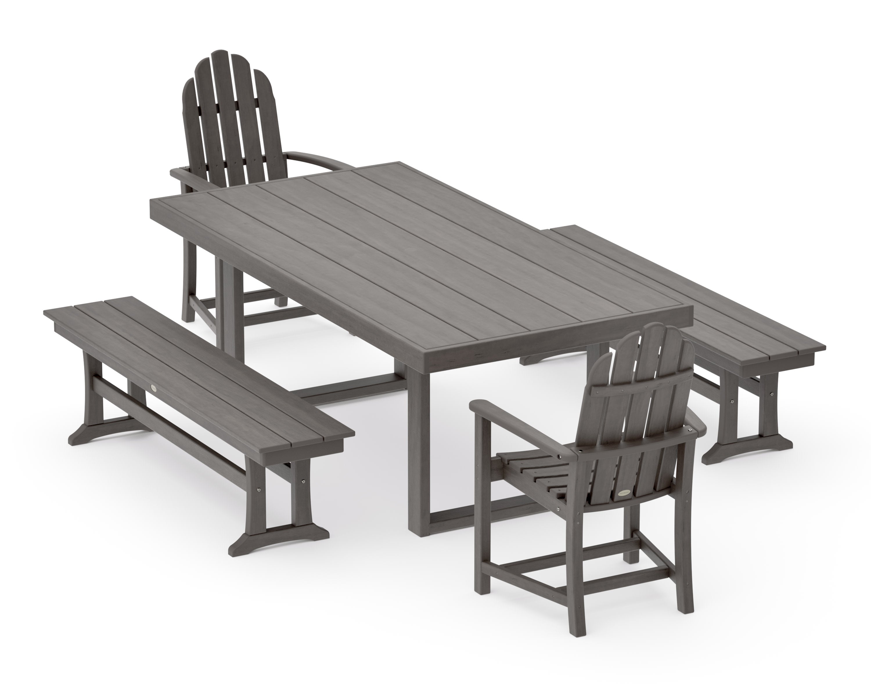 Classic Adirondack 5-Piece Dining Set with Benches in Driftwood