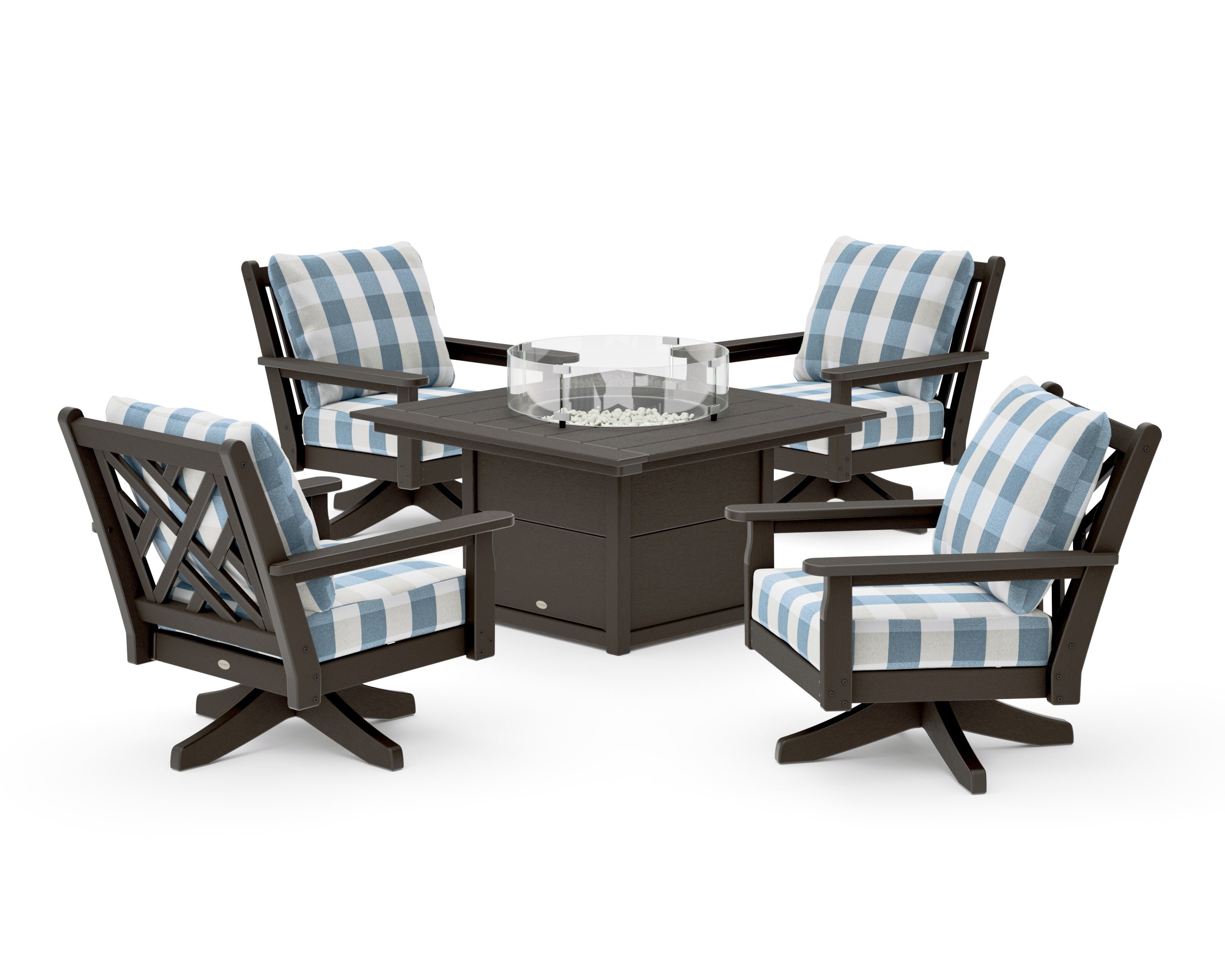 Chippendale 5-Piece Deep Seating Swivel Conversation Set with Fire Pit Table in Vintage Coffee / Buffalo Plaid Sky Blue