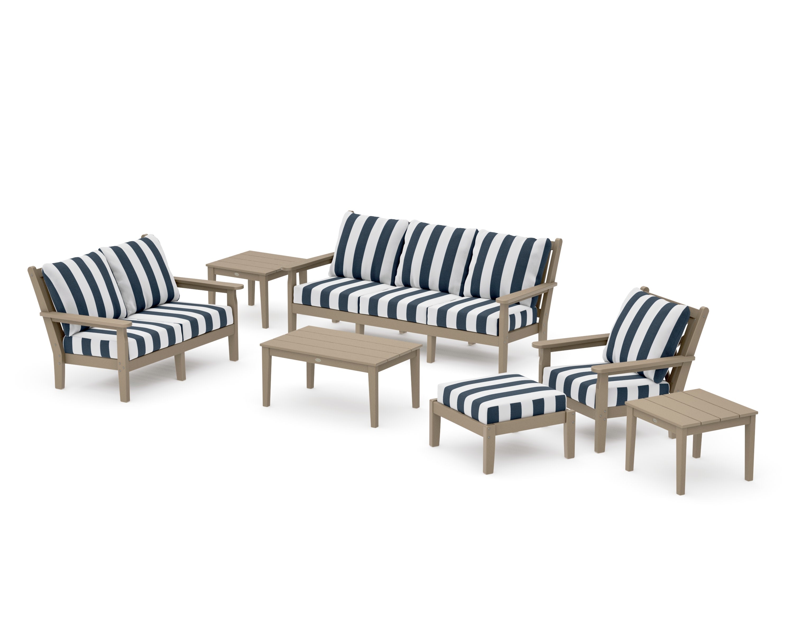 Chippendale 7-Piece Deep Seating Set in Vintage Sahara / Cabana Stripe Marine Indigo
