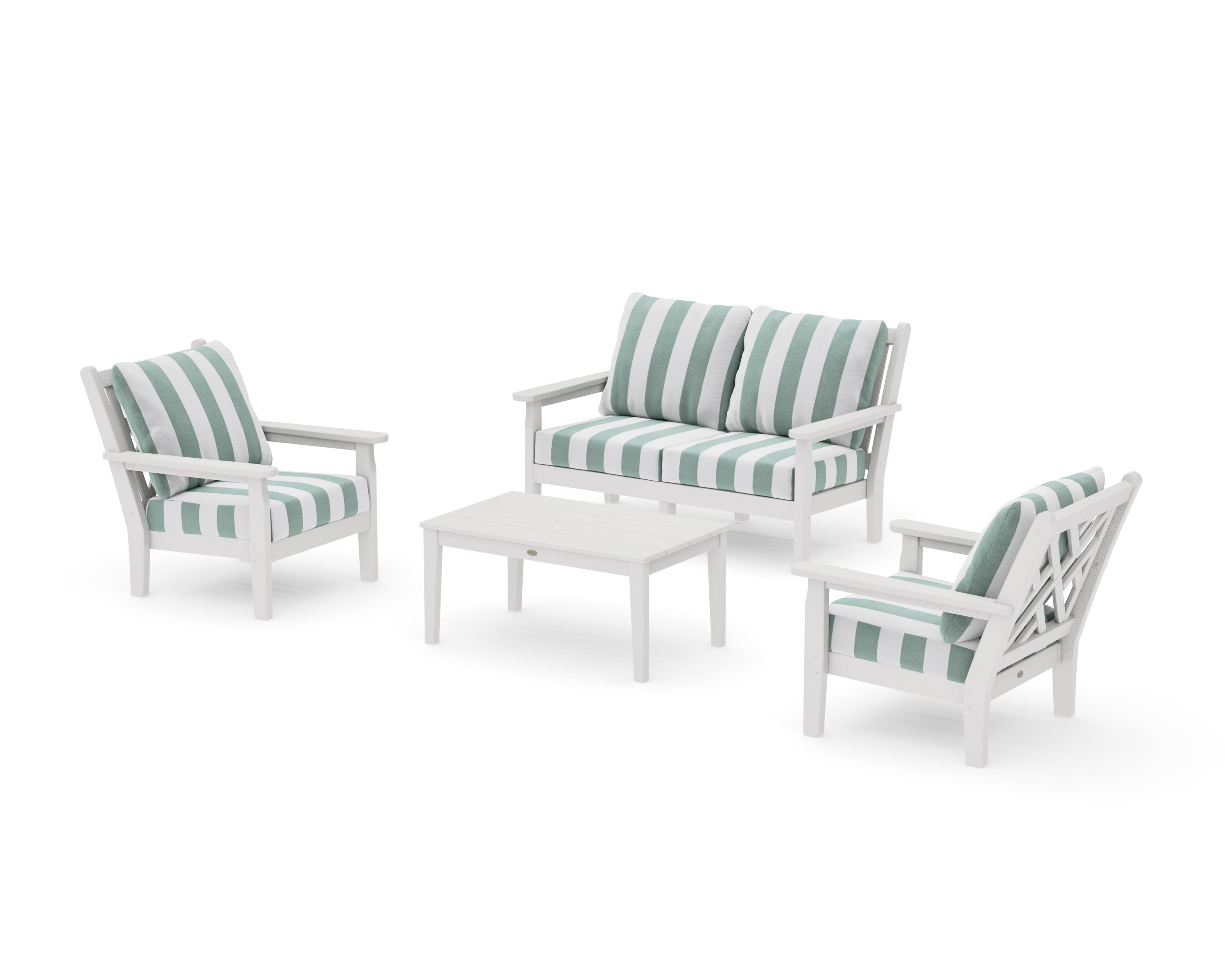 Chippendale 4-Piece Deep Seating Set with Loveseat in Vintage White / Cabana Stripe Glacier Spa