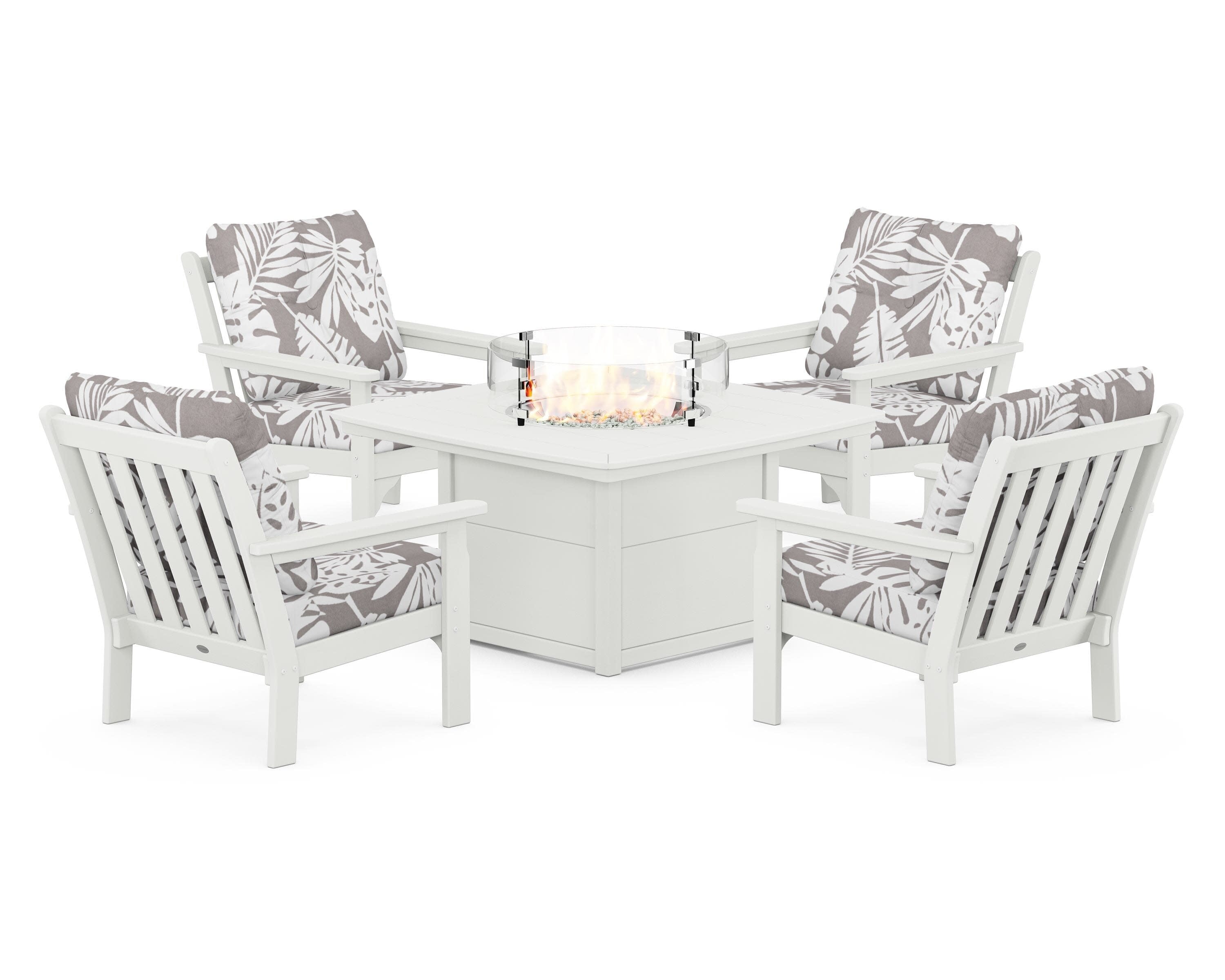 Vineyard 5-Piece Conversation Set with Fire Pit Table in Vintage White / Leaf Grey Mist