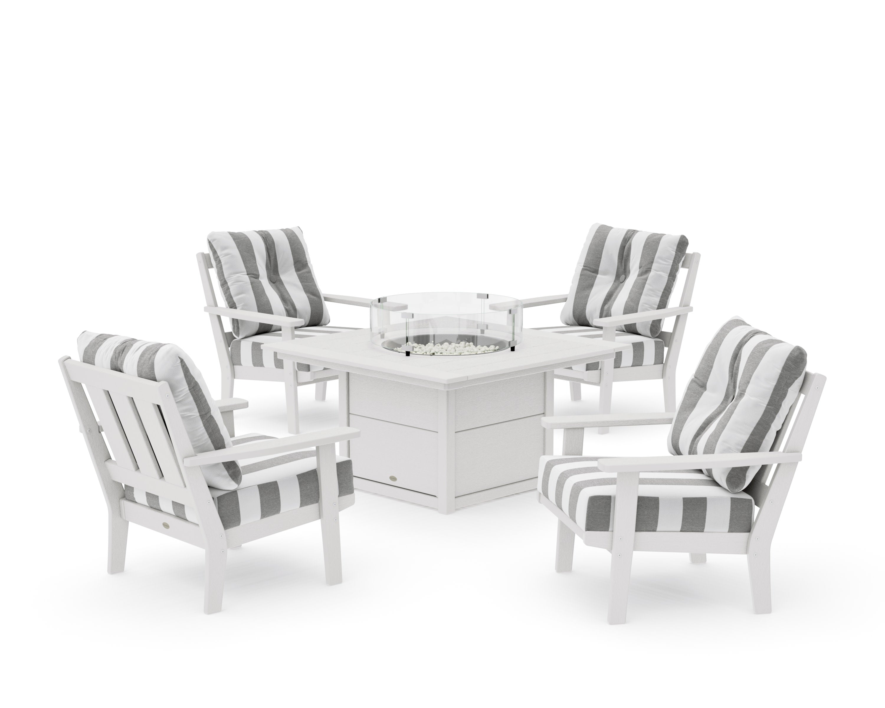 Oxford 5-Piece Deep Seating Set with Fire Pit Table in Vintage White / Cabana Stripe Grey Mist