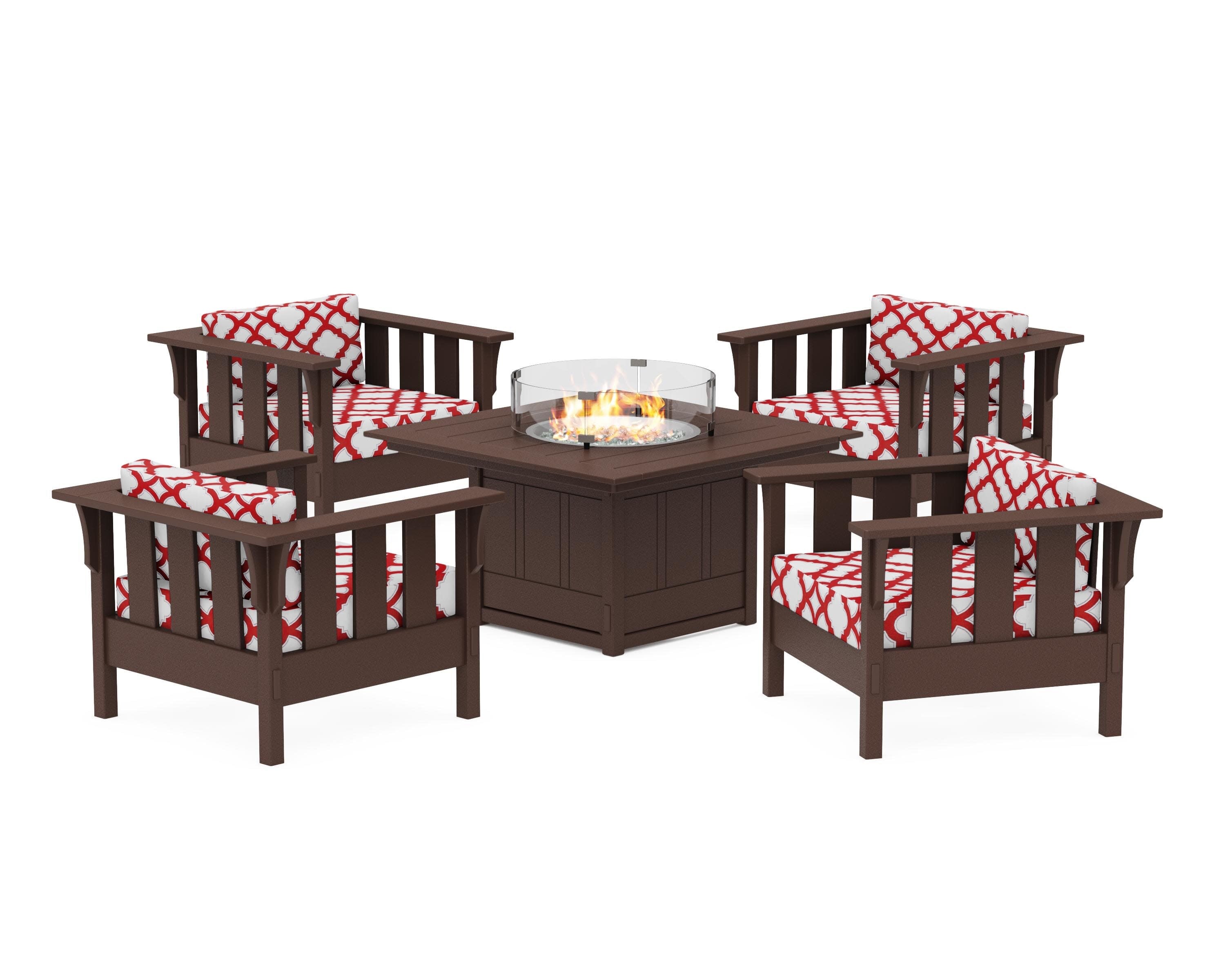 Acadia 5-Piece Deep Seating Set with Fire Pit Table in Mahogany / Trellis Crimson