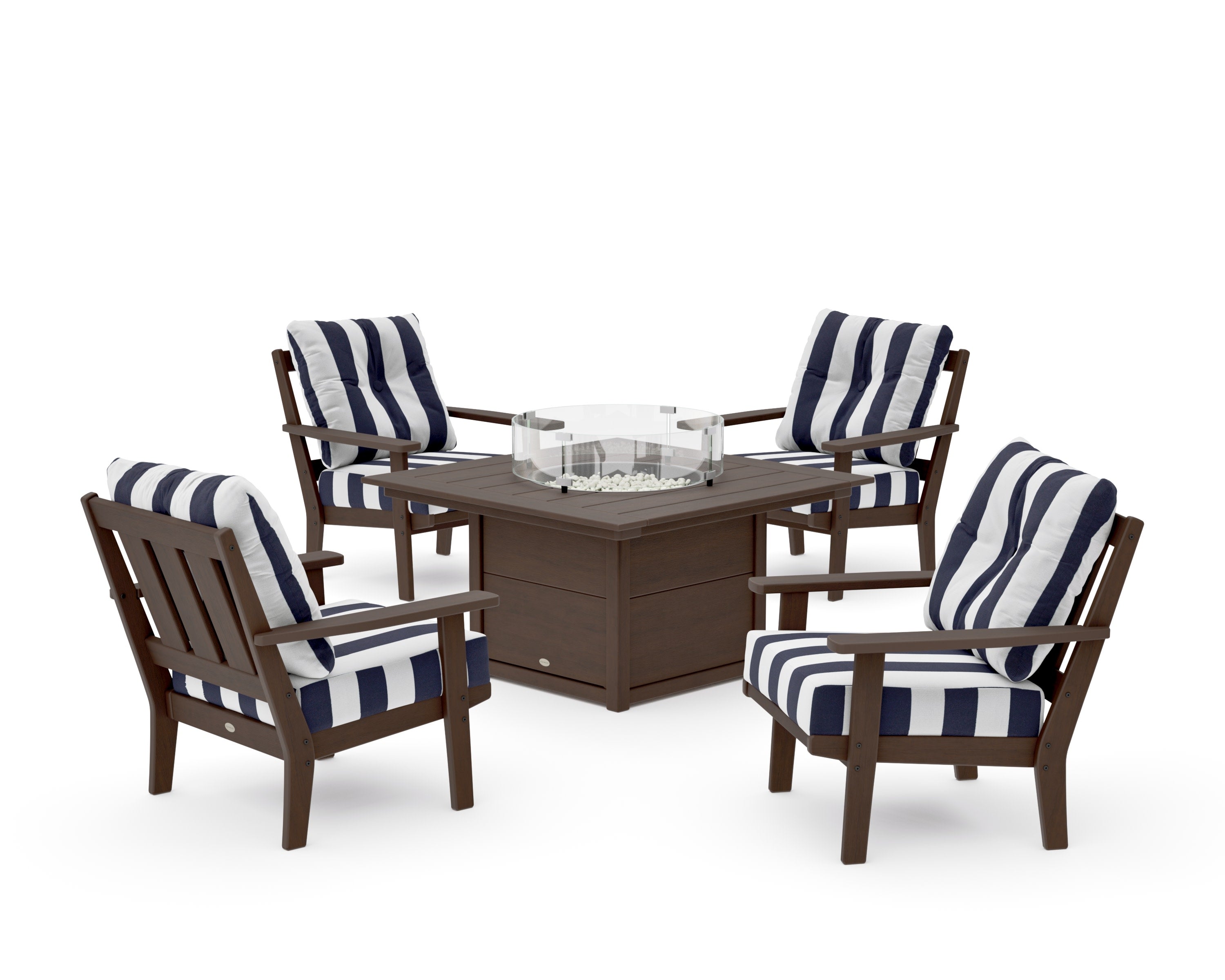 Oxford 5-Piece Deep Seating Set with Fire Pit Table in Kona / Cabana Stripe Navy
