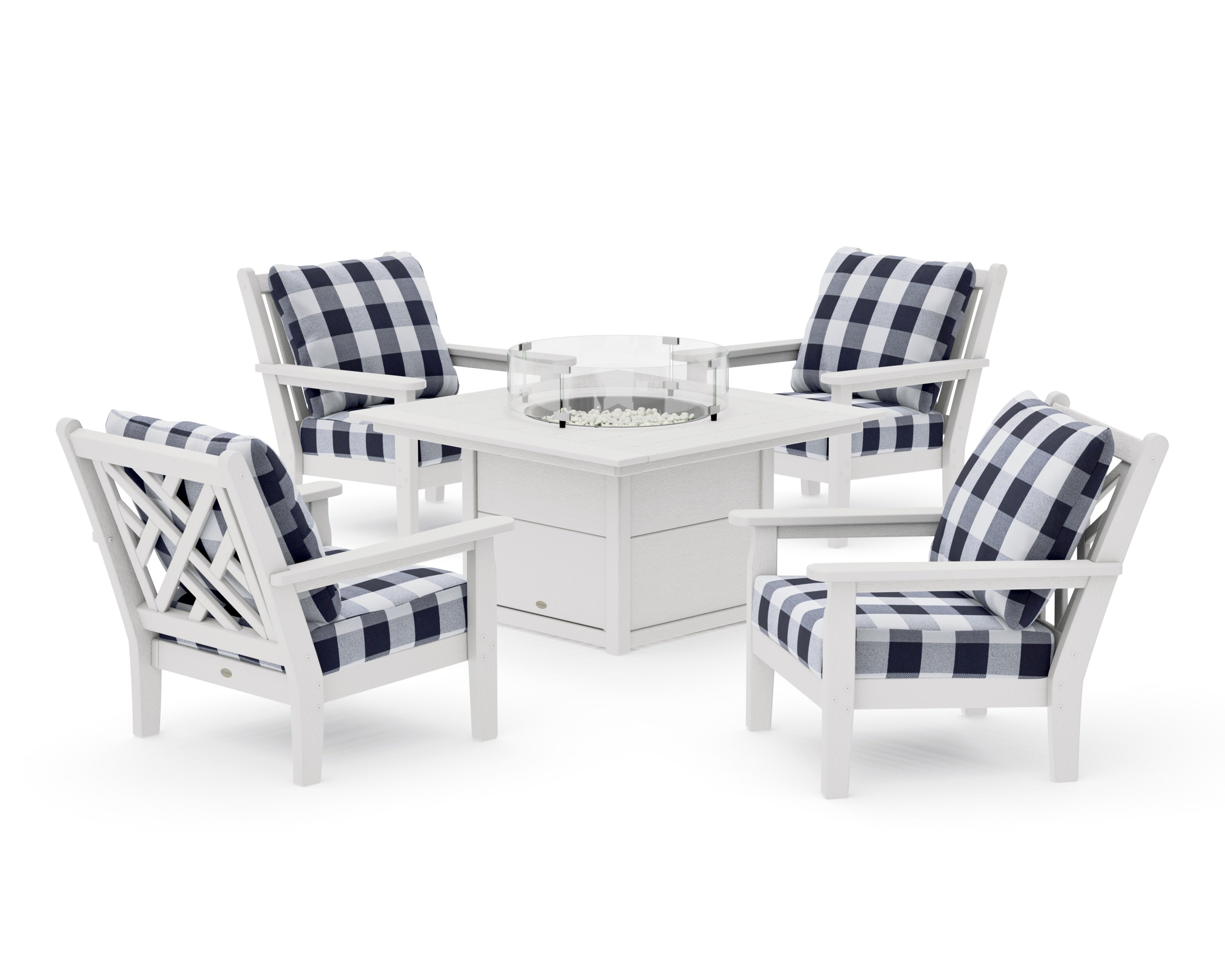 Chippendale 5-Piece Deep Seating Set with Fire Pit Table in Vintage White / Buffalo Plaid Navy