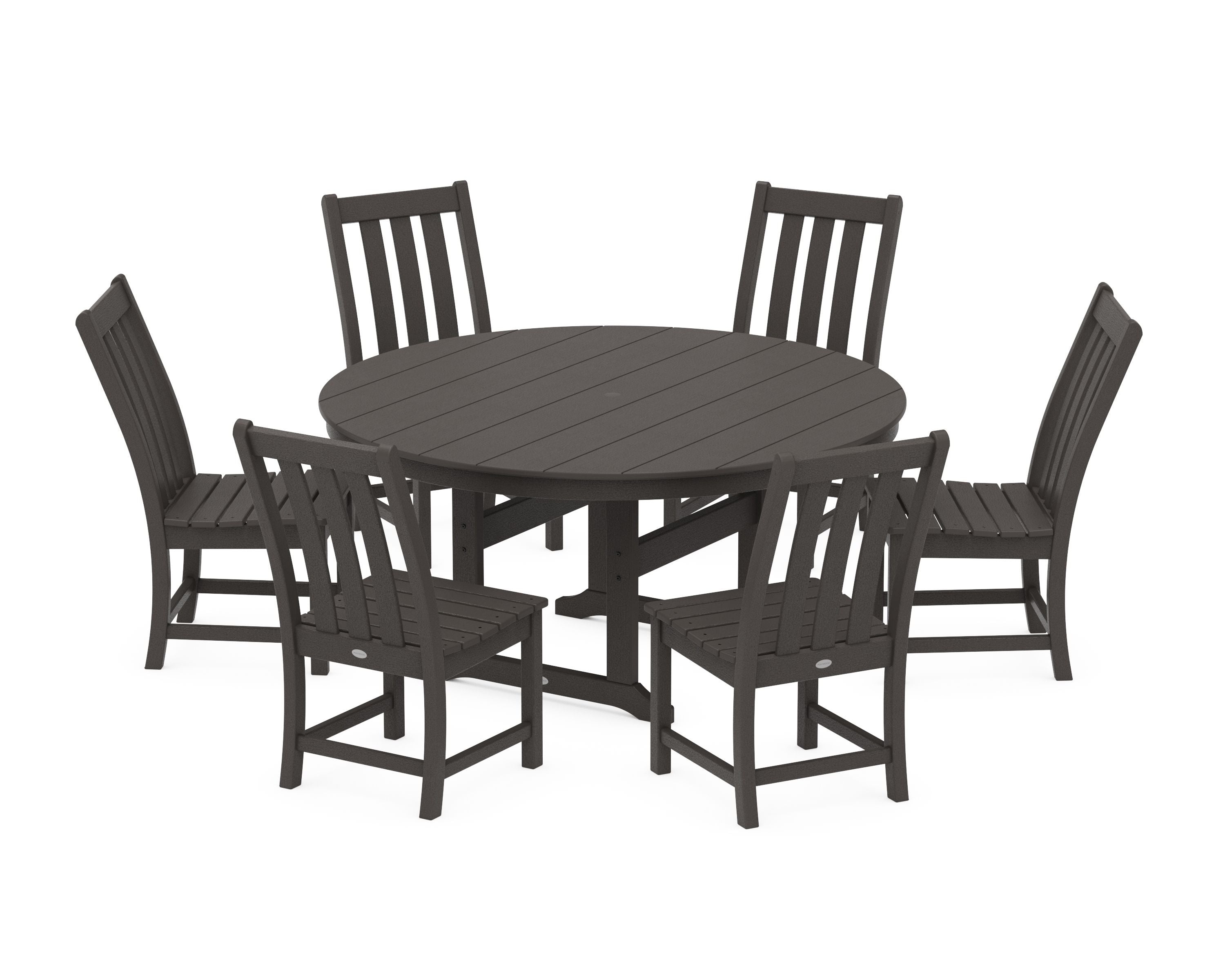 Vineyard 7-Piece Side Chair Round Farmhouse Dining Set in Vintage Coffee