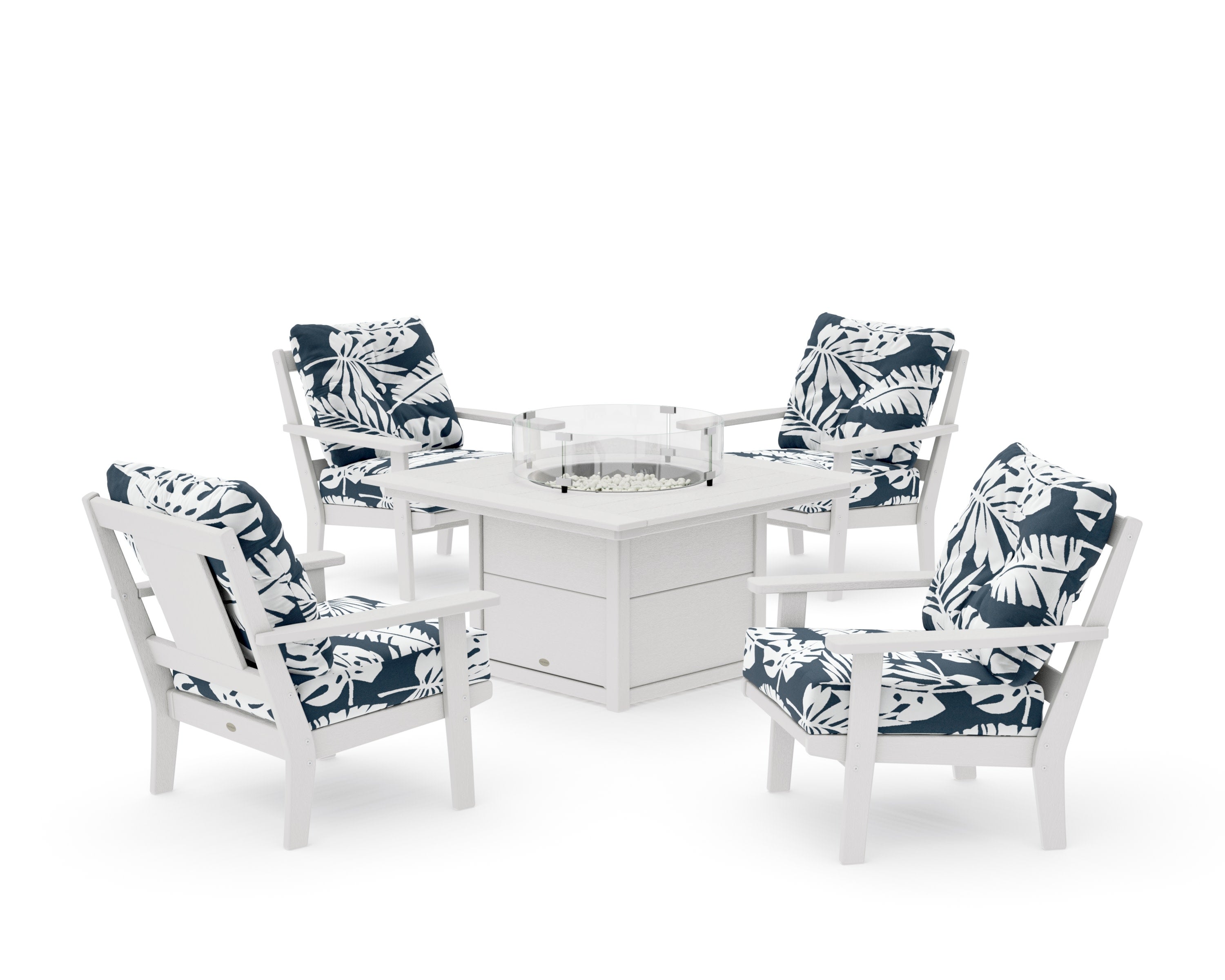 Prairie 5-Piece Deep Seating Set with Fire Pit Table in Vintage White / Leaf Marine Indigo