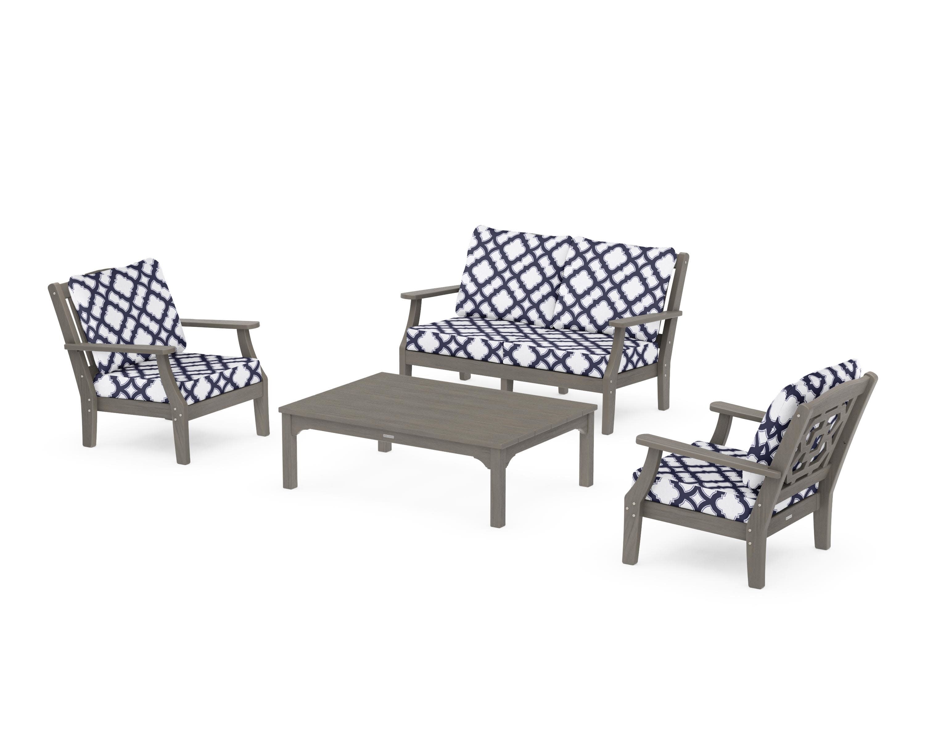 Chinoiserie 4-Piece Deep Seating Set with Loveseat in Driftwood / Trellis Navy